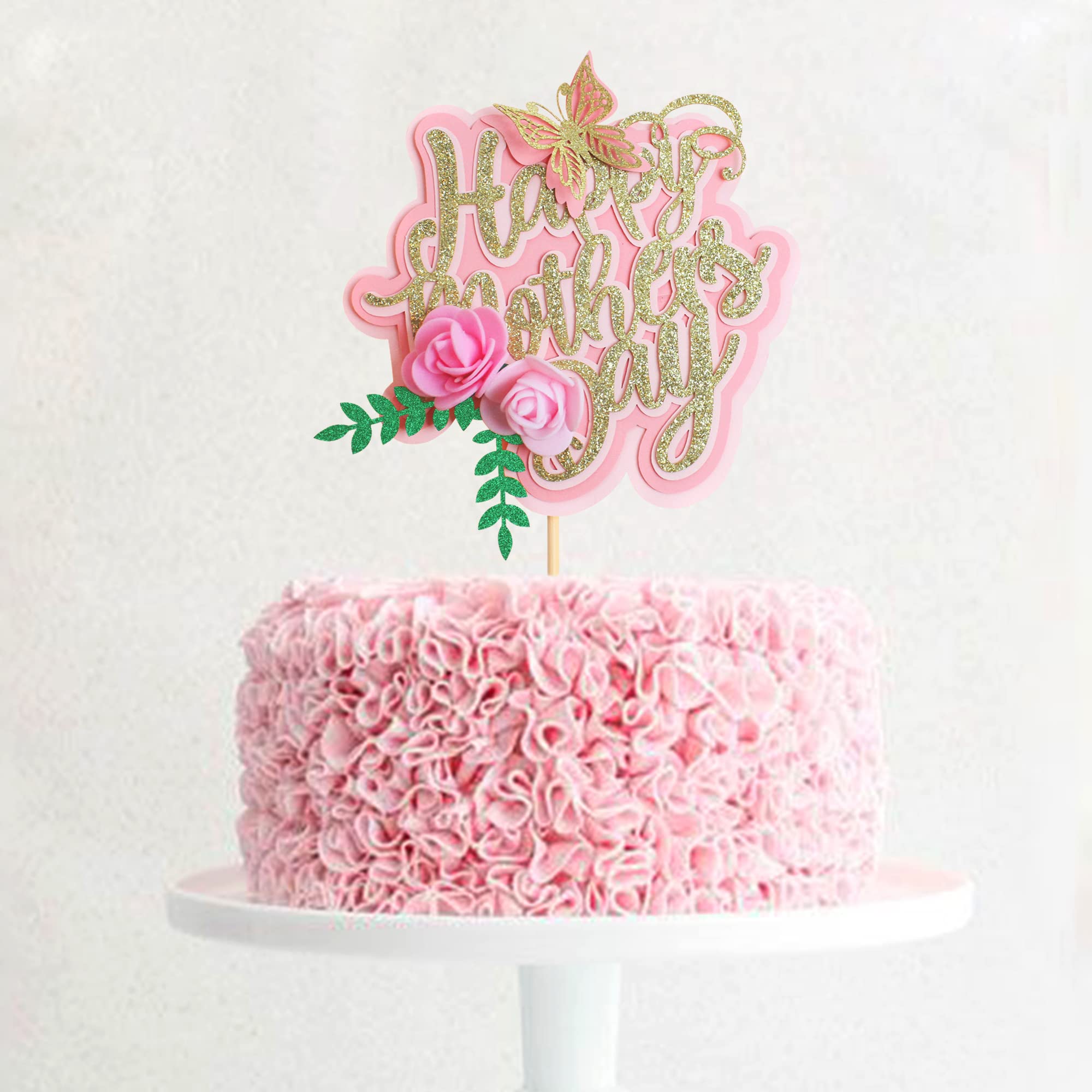 Gold Glitter Happy Mother's Day Cake Topper - Elegant Mom Letter Cake Decoration with Butterfly & Flower Design for Birthday Party, Wedding, Baby Shower & Special Celebrations