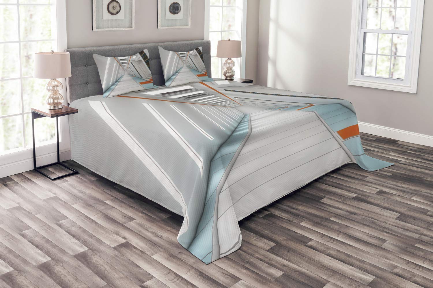 Ambesonne Outer Space Bedspread Set - Futuristic Spacecraft Rocket Travel Theme, 3-Piece Queen Size Bedding Set with Coverlet & 2 Pillow Shams in Orange & White | Perfect for Sci-Fi Themed Bedrooms, Space Enthusiasts & Modern Home Decor