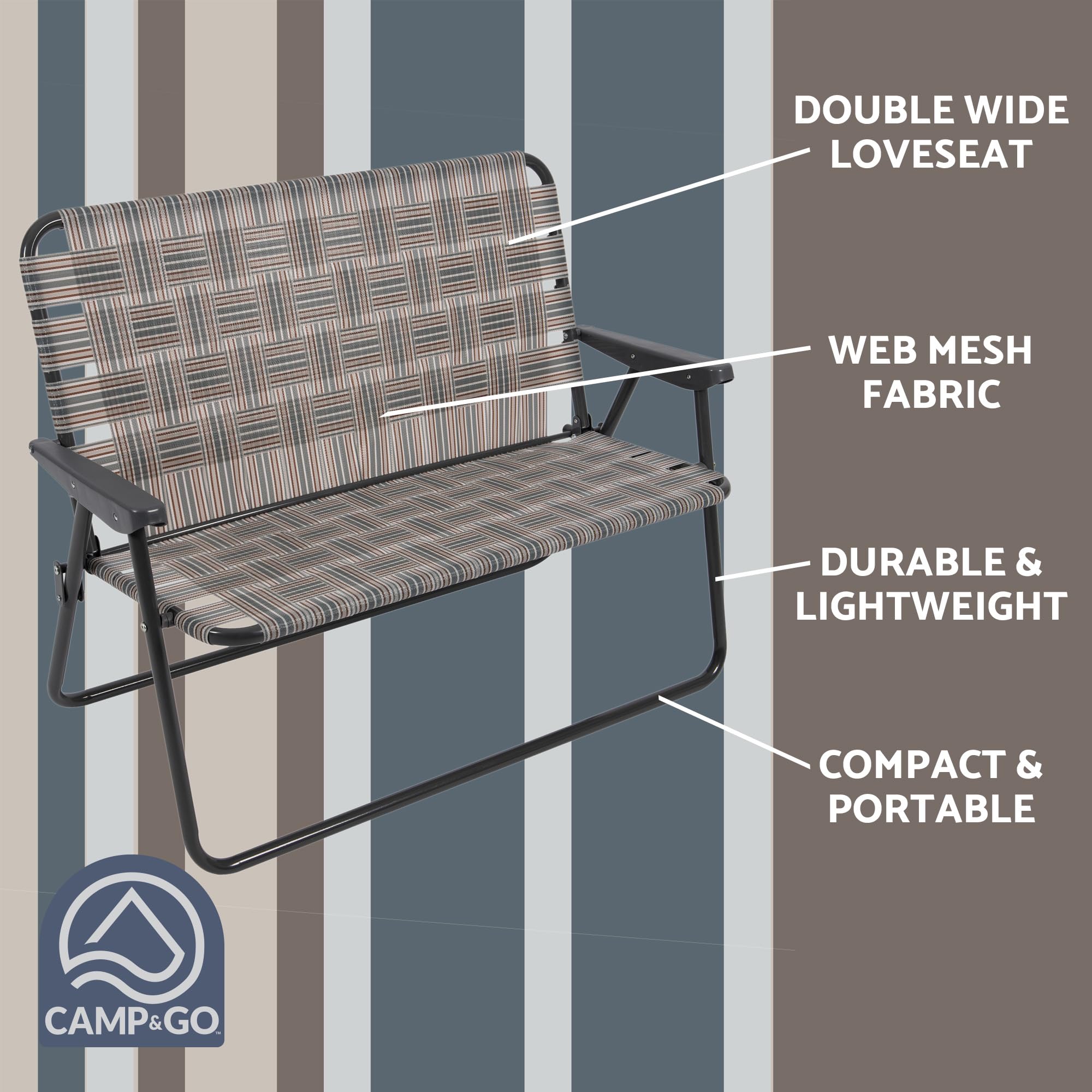Camp & GO Double Wide Folding Loveseat Chair for Outdoor Camping & Patio - Grey, 45.94