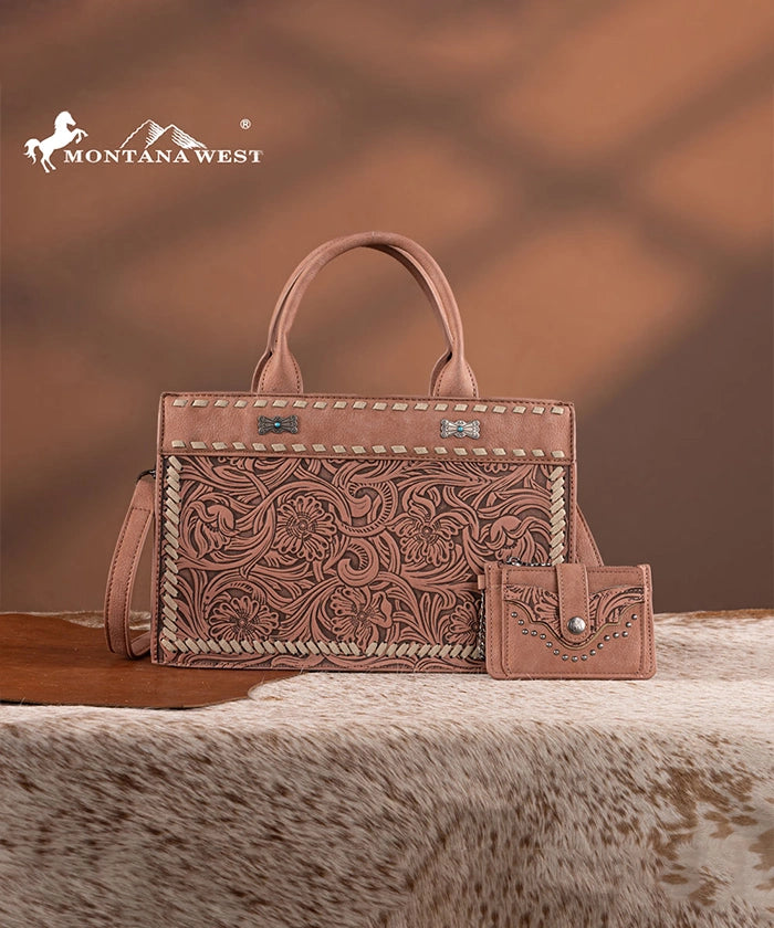 Montana West Floral Tooled Leather Tote Bag Set for Women - Stylish Handbag for Work, Travel & Everyday Use