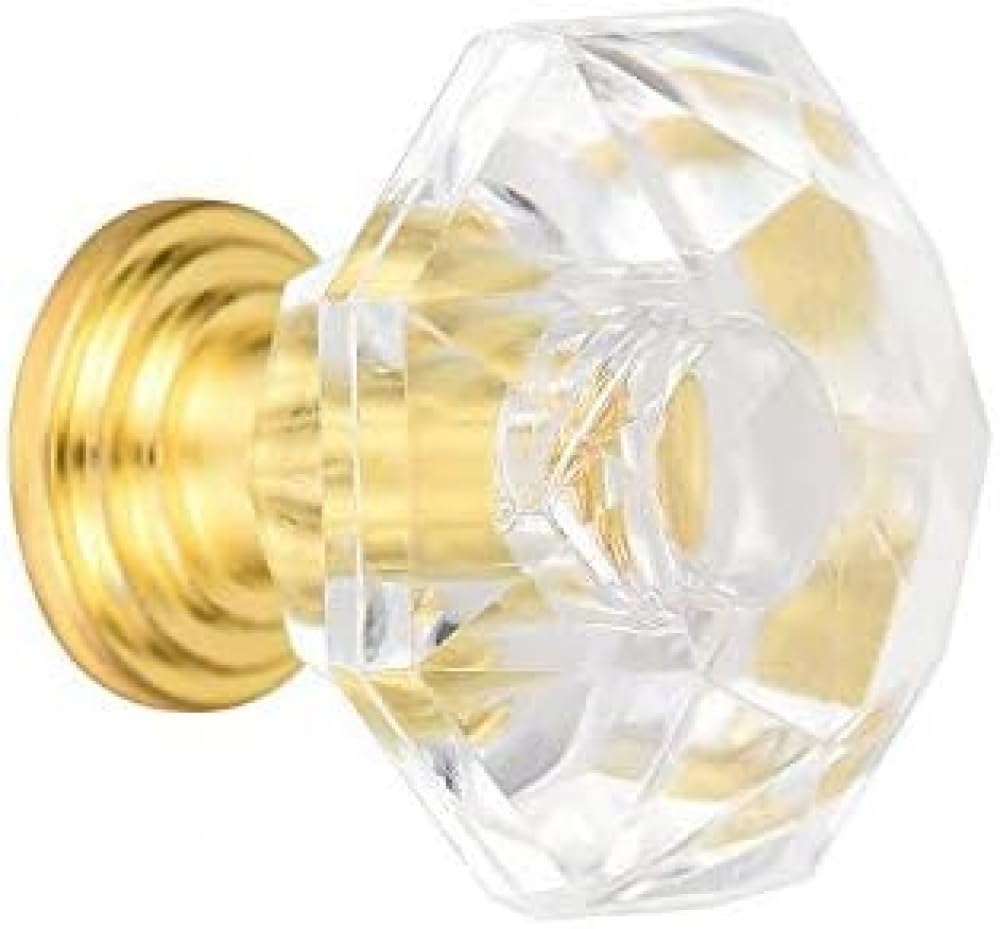 24mm Crystal Glass Door Knobs - Acrylic Dresser Knobs with Screws for Cabinet, Drawer & Furniture (Gold, 1pc) - Elegant Upgrade for Kitchen, Bathroom & Home Decor