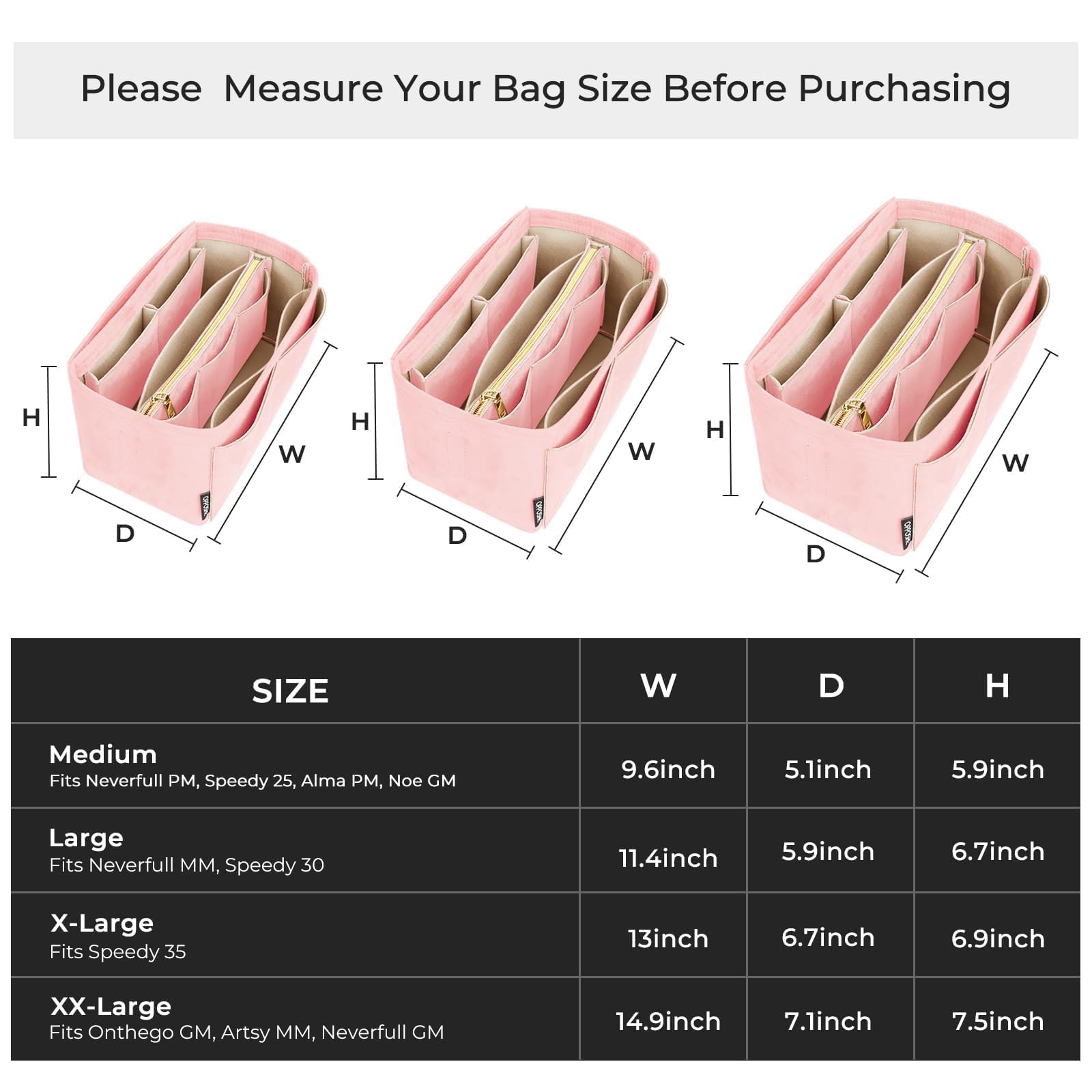 OPPOSHE Suede Purse Organizer Insert for Tote Bag - Sturdy Felt Handbag Organizer with Zipper - Fits Neverfull, Speedy & More Bags - Medium Size Pink - Perfect for Travel, Work & Daily Organization