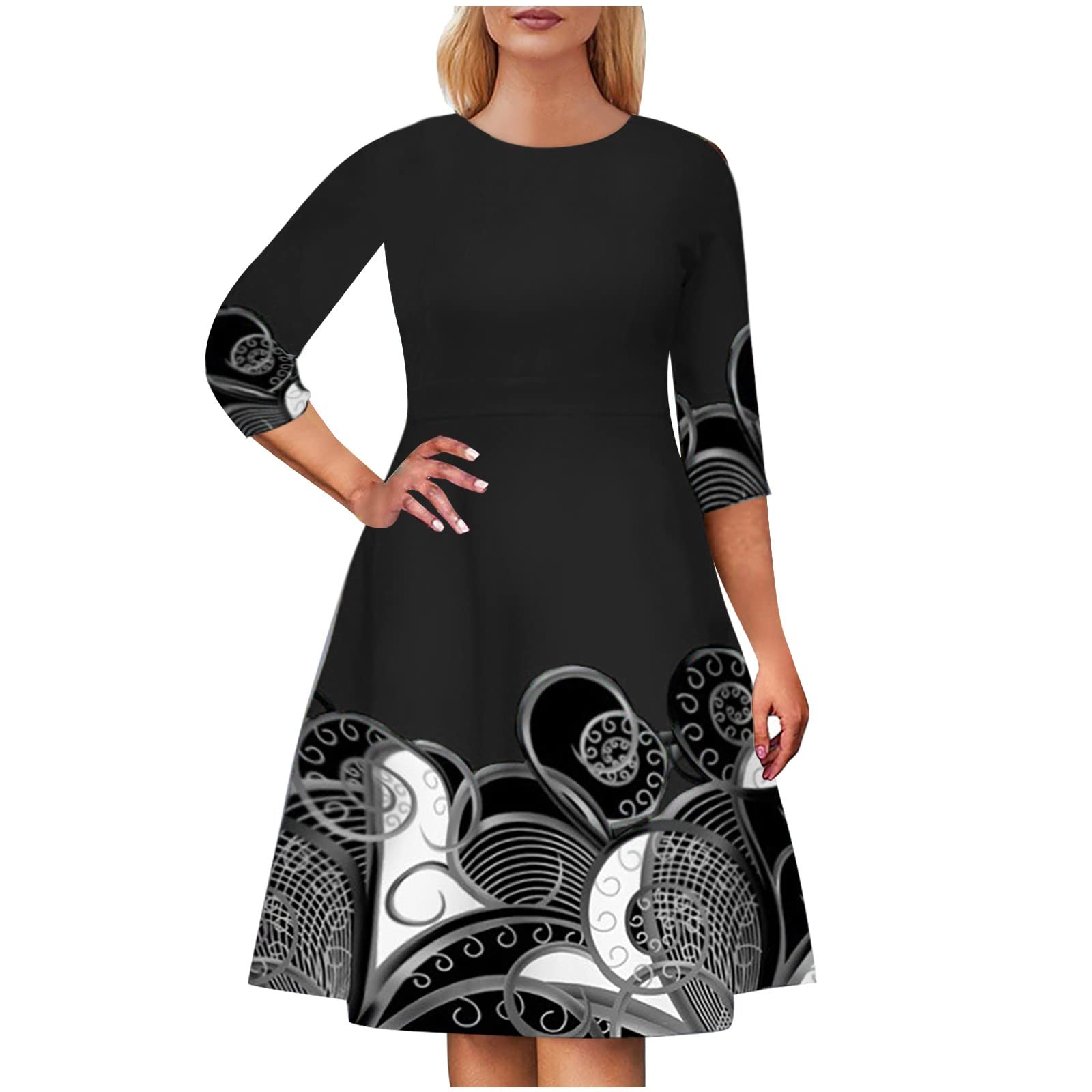 Vintage Floral Print Long Sleeve Swing Dress for Women - Elegant Retro Party Dress with Black A-Line Skirt | Perfect for Holiday Gatherings, Christmas Parties & Office Wear