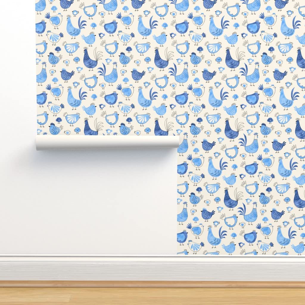 Premium Commercial Grade Wallpaper - 27ft x 2ft Watercolor Rooster Chicken Design in Blue & Cream White | Modern Farmhouse & Traditional Barnyard Decor | Perfect for Kitchens, Dining Rooms & Country Style Homes