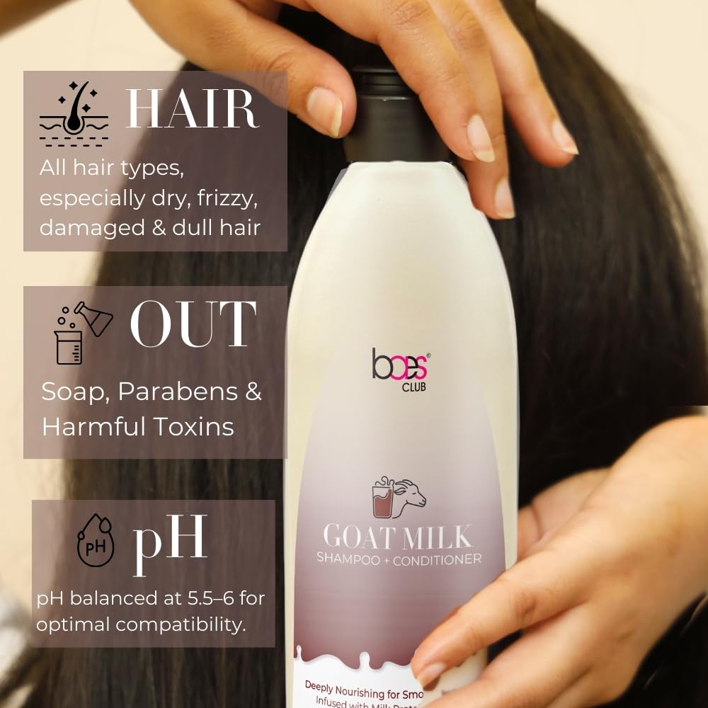 Baes Club Goat Milk 2-in-1 Shampoo & Conditioner with Hydrolyzed Milk Protein & Aloe Vera - Moisturizing Treatment for Dry, Damaged Hair (250ml) | Perfect for Daily Hair Care & Post-Color Treatment