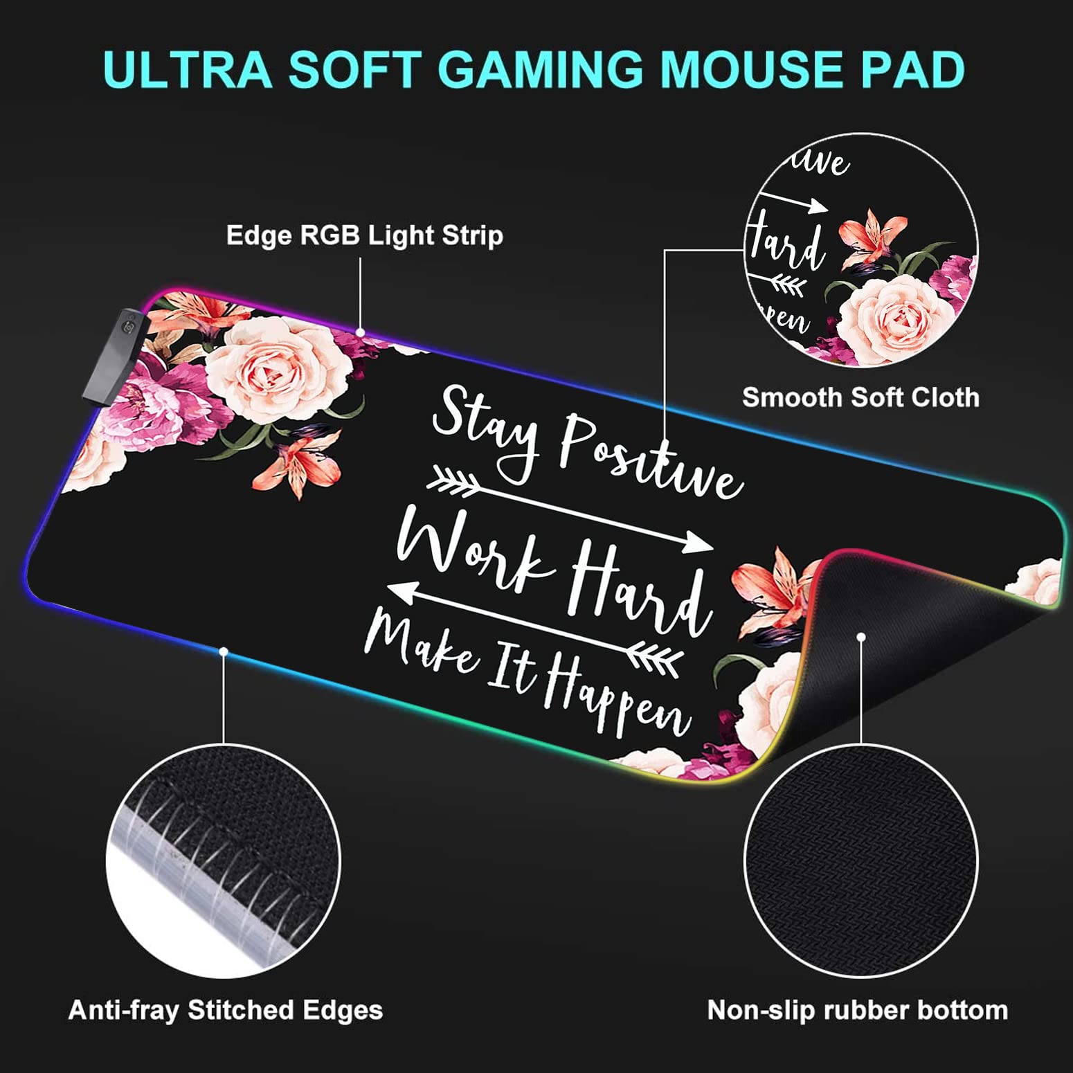 RGB Gaming Mouse Pad - Large LED Light-Up Desk Mat with Non-Slip Surface, Waterproof & Optical Tracking - Perfect for PC Gaming, Office Work & Streaming Setup (Stay Positive Work Hard Theme)
