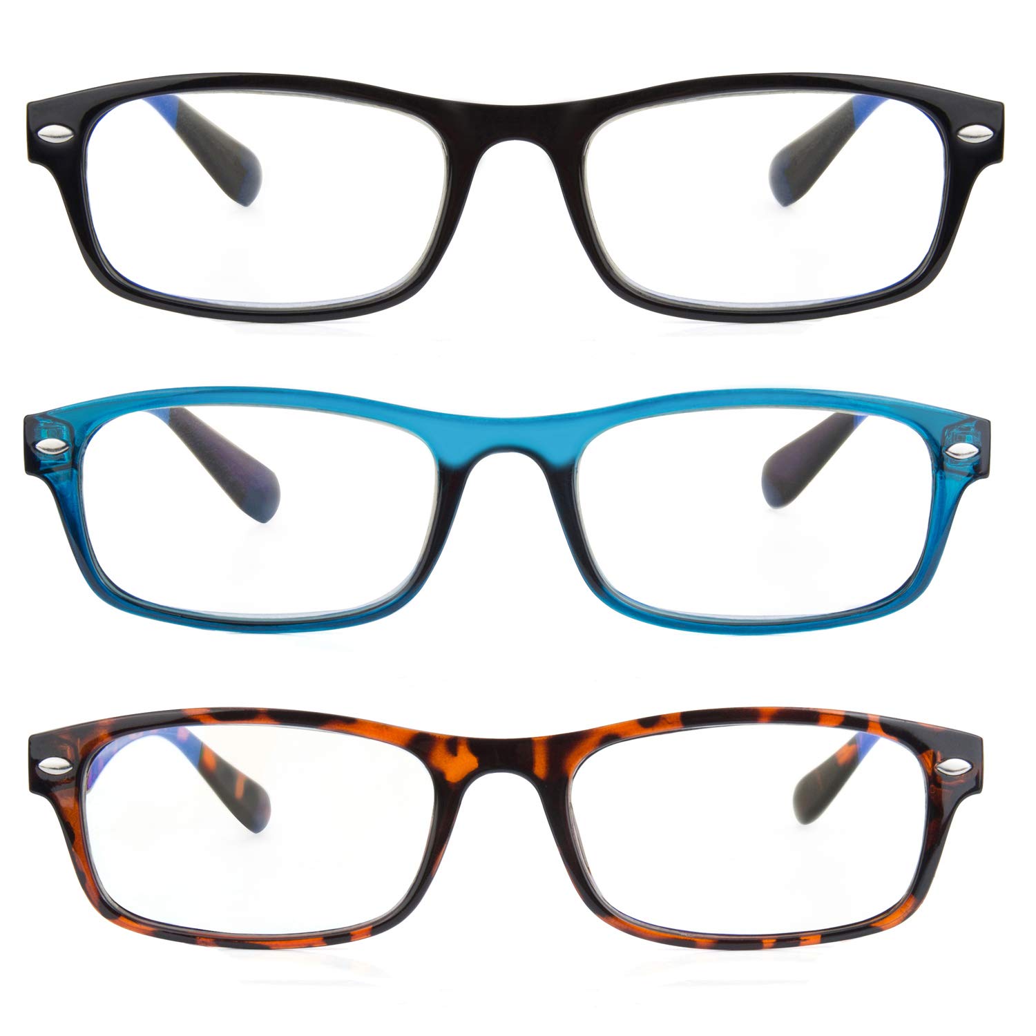 3 Pack Blue Light Blocking Glasses - Anti UV Reading Glasses with Rectangular Plastic Frame for Computer, Gaming & Office Use