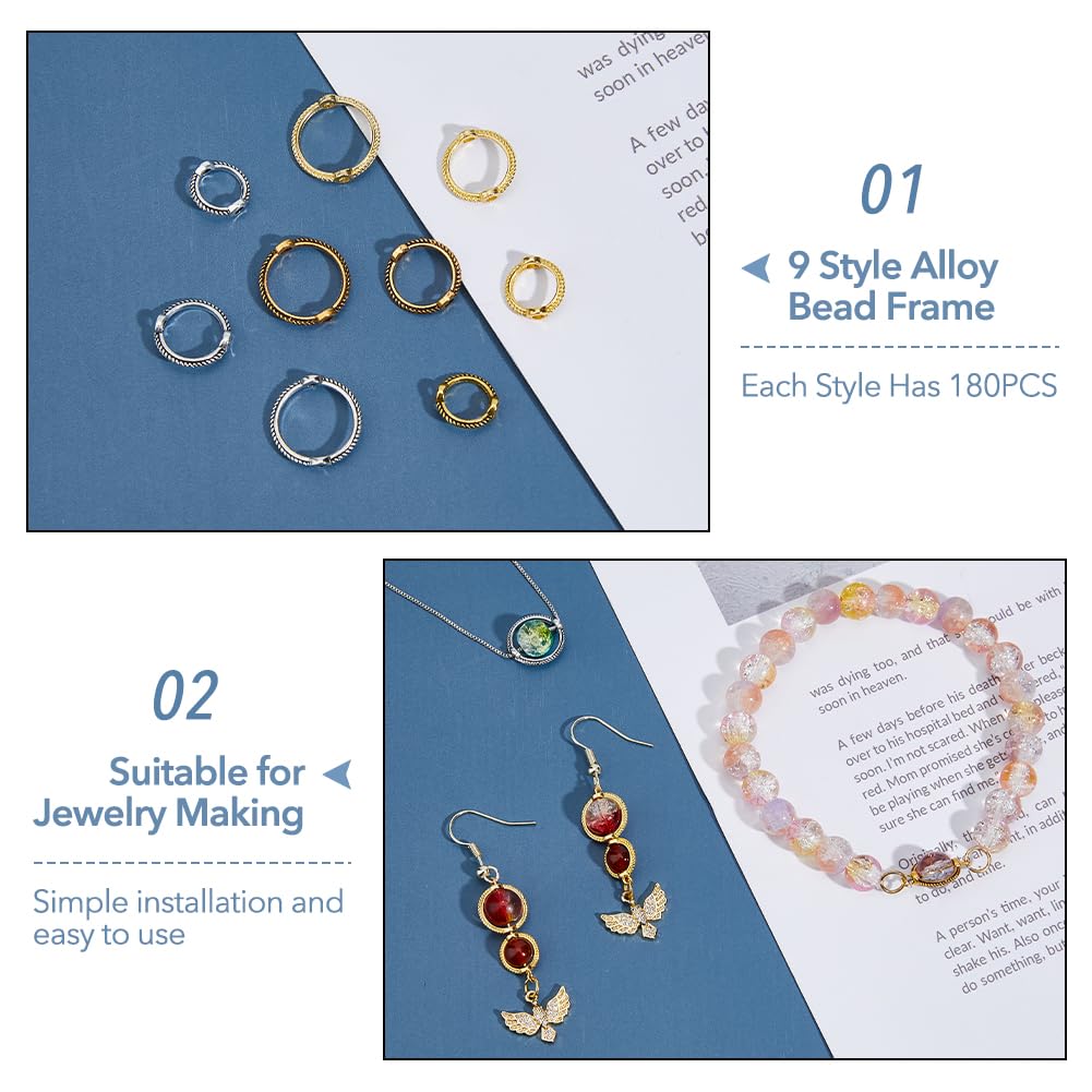 SUPERFINDINGS 180Pcs 9 Style Double Hole Bead Frames - Alloy Round Beading Rings for Jewelry Making - Perfect for DIY Earrings, Bracelets & Necklaces - Craft Supplies for Jewelry Designers & Beading Enthusiasts