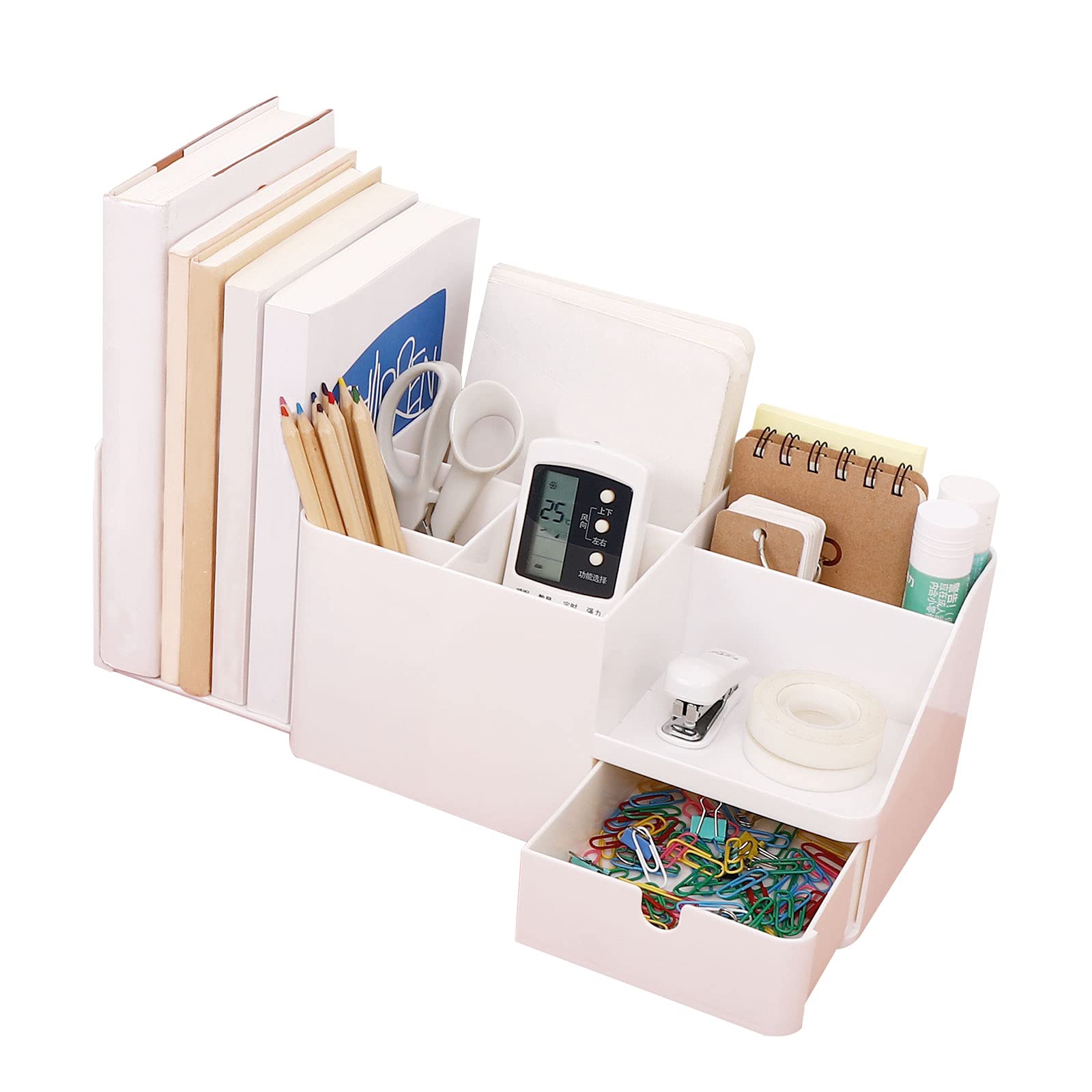 Large Capacity Desk Organizer with Drawer - Beige Plastic Bookend, Pen Holder & Makeup Storage Caddy for Office, Study & Home Organization (Large Size)
