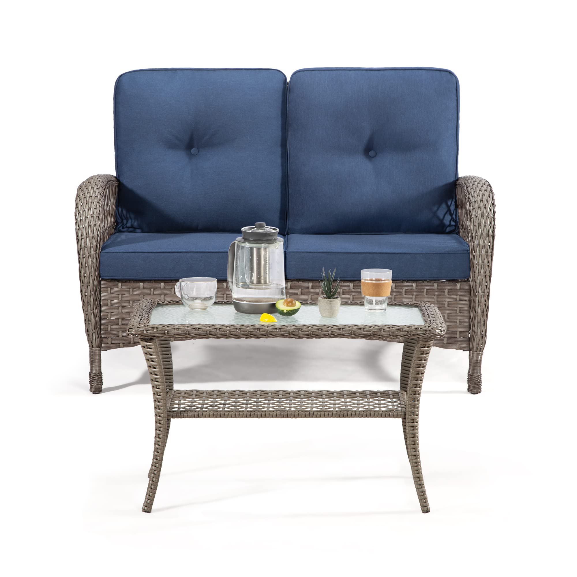 Joyside 2-Piece Patio Wicker Furniture Set - All Weather Resin Rattan Outdoor Sofa & Coffee Table with Olefin Cushions (Brown/Blue) - Perfect for Garden, Backyard, Poolside & Patio Relaxation