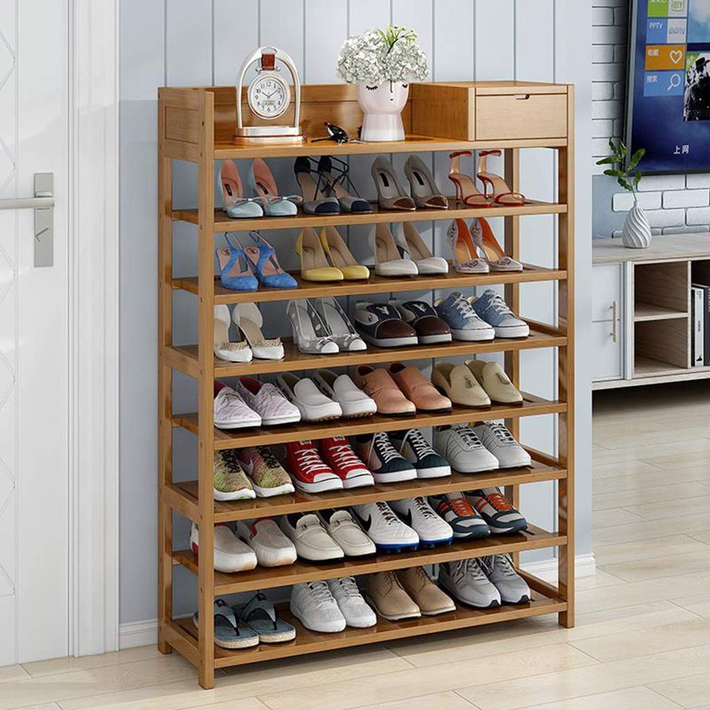 8-Tier Wooden Shoe Rack Organizer with Drawers - 90cm Multi-Level Shoe Storage Cabinet for Hallway, Bathroom & Living Room - Space Saving Shoe Shelf for Sneakers, Boots & Sandals