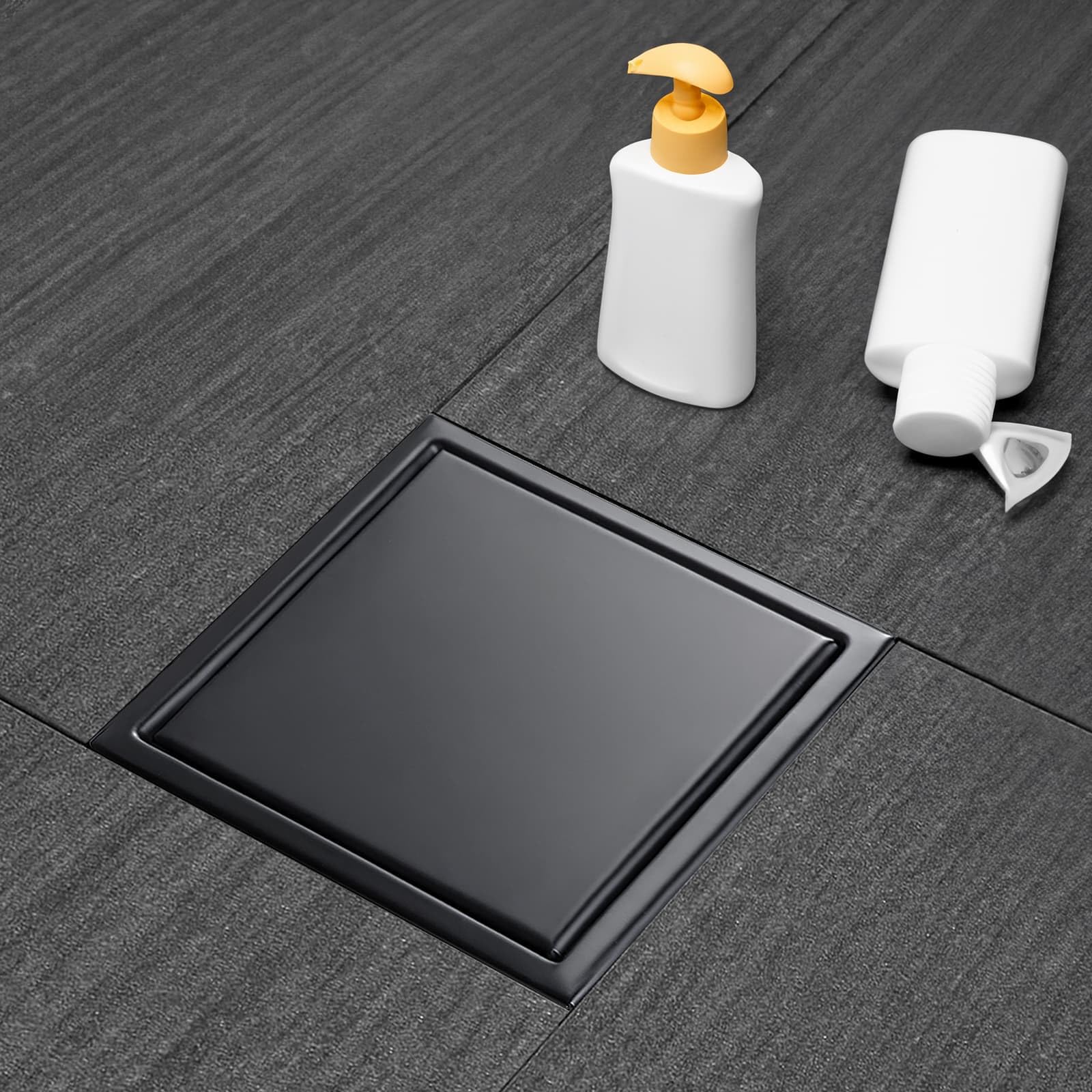 6 Inch Square Shower Drain with Flange - AISI 304 Stainless Steel Matte Black Floor Drain with 2-in-1 Tile Insert Cover & Hair Catcher - Perfect for Bathroom, Shower Stall, and Wet Room Installation