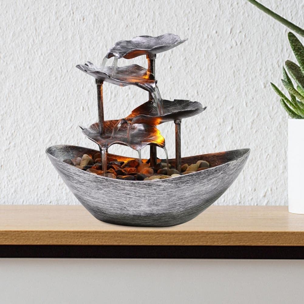 Silver Tabletop Fountain with LED Lights - Lotus Leaf Shaped Desktop Waterfall for Home & Office Decor | Relaxing Zen Water Feature for Living Room, Bedroom, Porch or Garden