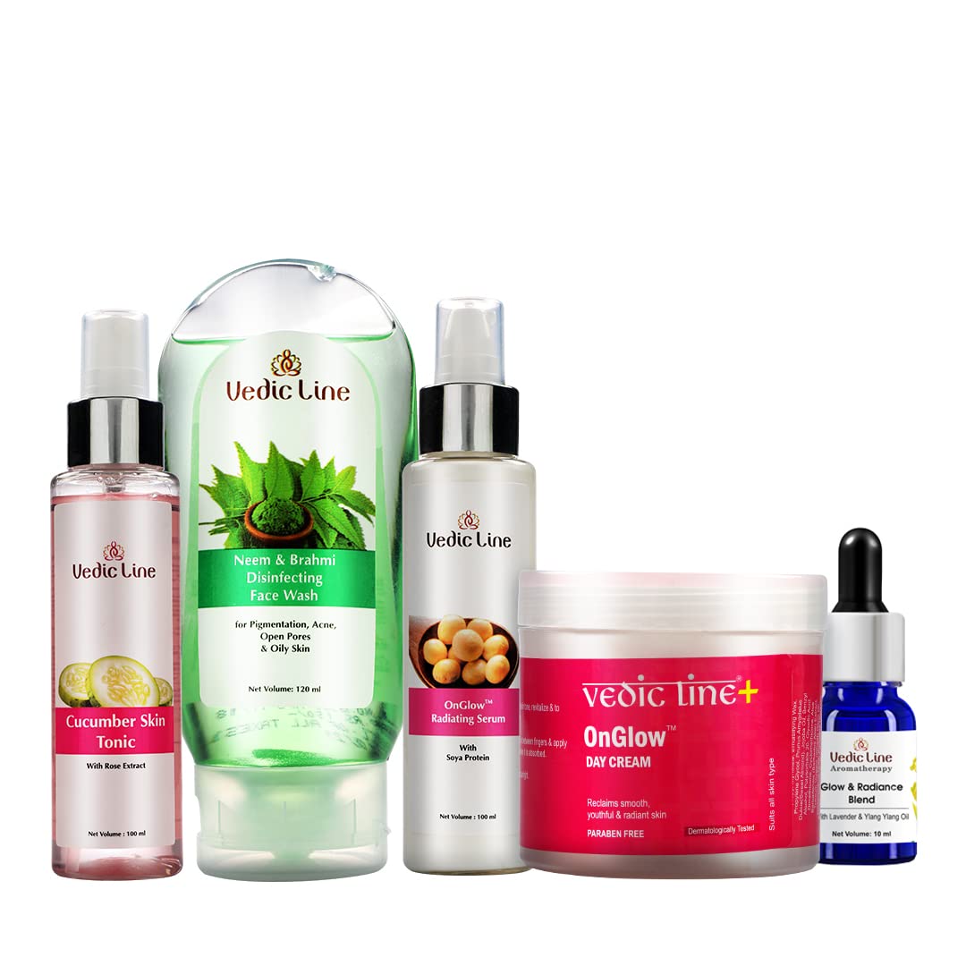 Vedicline Daily Glow Kit - Dark Spot Corrector & Pore Minimizer with Rose & Cucumber Extracts (360ml) | Brightening Skincare for Acne-Prone Skin | Perfect for Morning & Night Routine
