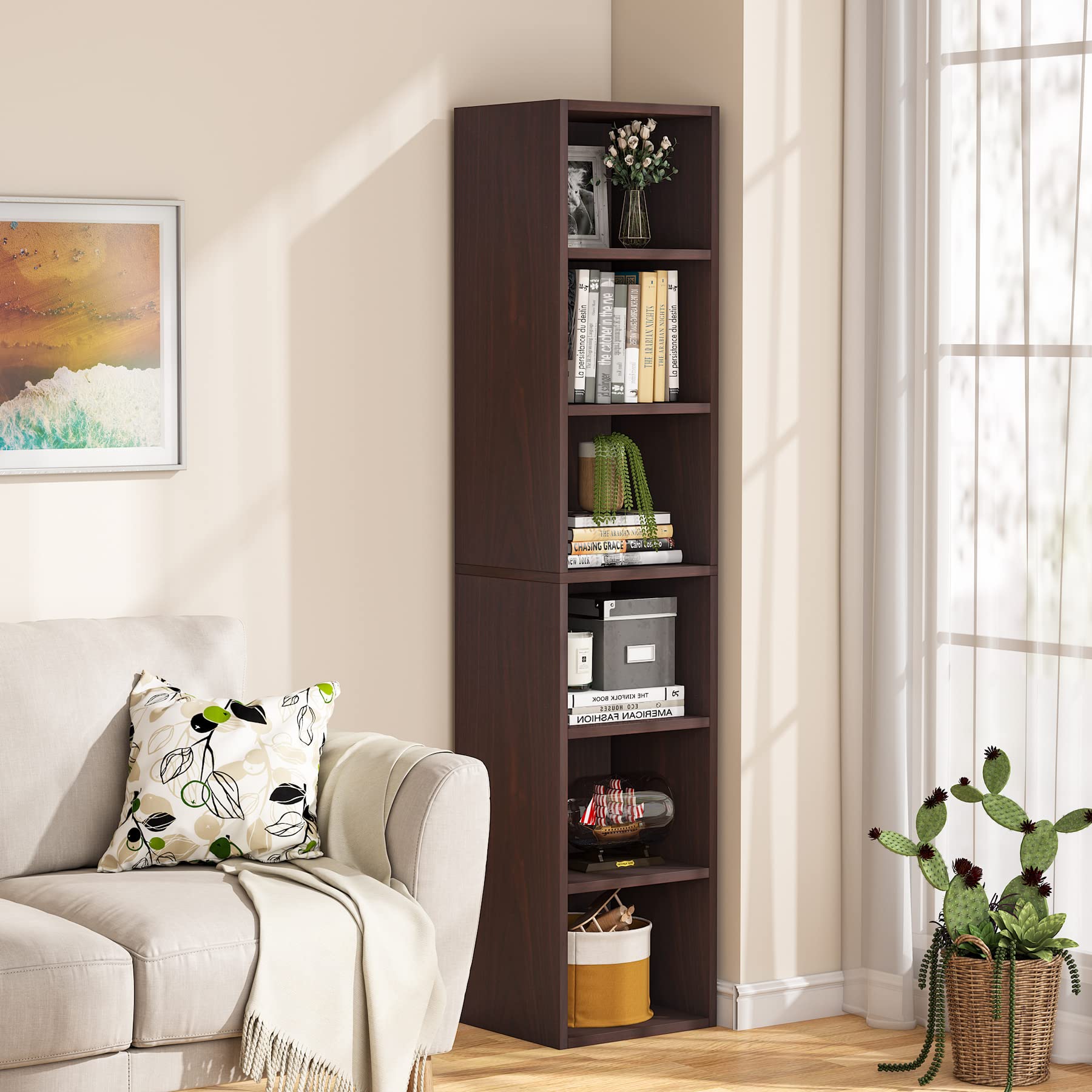 Tribesigns 70.9 Inch Tall Narrow Bookcase - Rustic Corner Storage Shelf with 6 Tier Cube Display | Perfect for Home Office, Living Room & Bedroom Organization