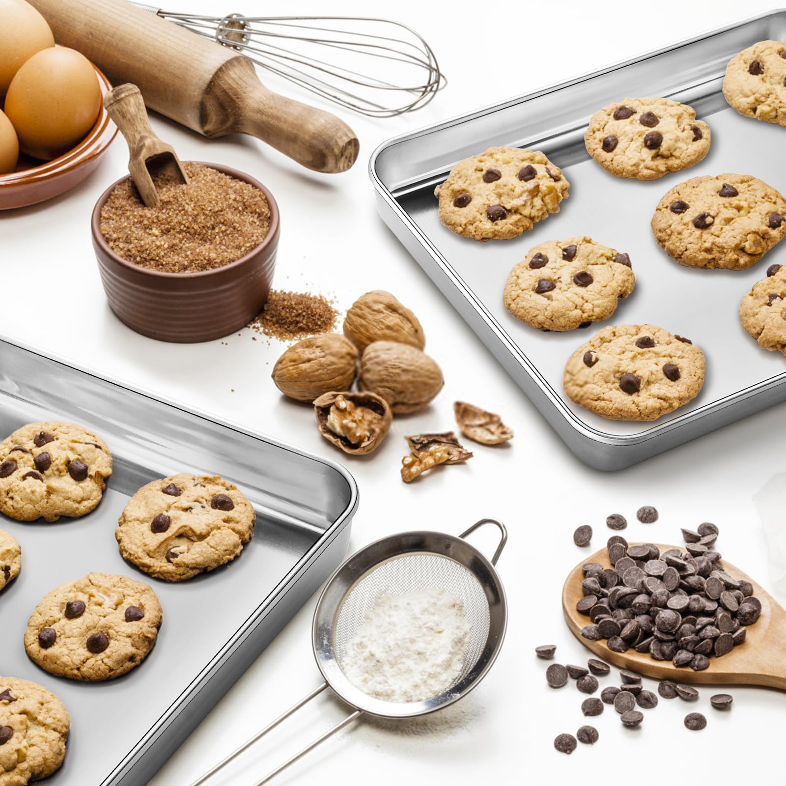 Premium Stainless Steel Cookie Baking Sheets Set - 12 Inch & 10 Inch Nonstick Baking Pans for Oven, Toaster Oven - Dishwasher Safe, Rust Resistant with Mirror Finish - Perfect for Cookies, Pastries, Roasting Veggies & Family Baking