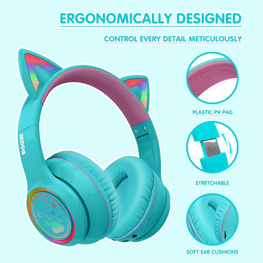 **MIDOLA Cat Ear Wireless Bluetooth Headphones 5.3 with LED Lights - 60H Playtime, Foldable Over-Ear Gaming Headset with Mic for PC, Laptop, Tablet, Phone - Perfect for Gaming, Music & Streaming (Cyan)**