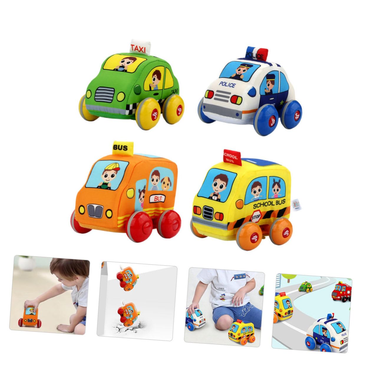 Vaguelly 4-Piece Fabric Pull-Along Cartoon Vehicle Toy Set for Toddlers - Early Learning Car Toys with Fraction Design - Perfect for Playtime, Cognitive Development & Road Trip Entertainment