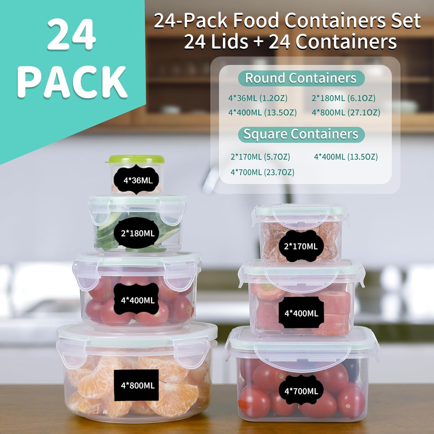 24-Piece Airtight Food Storage Containers Set - BPA-Free Round & Square Kitchen Pantry Organizers | Perfect for Meal Prep, Dry Goods & Leftovers Storage (Model S1306)