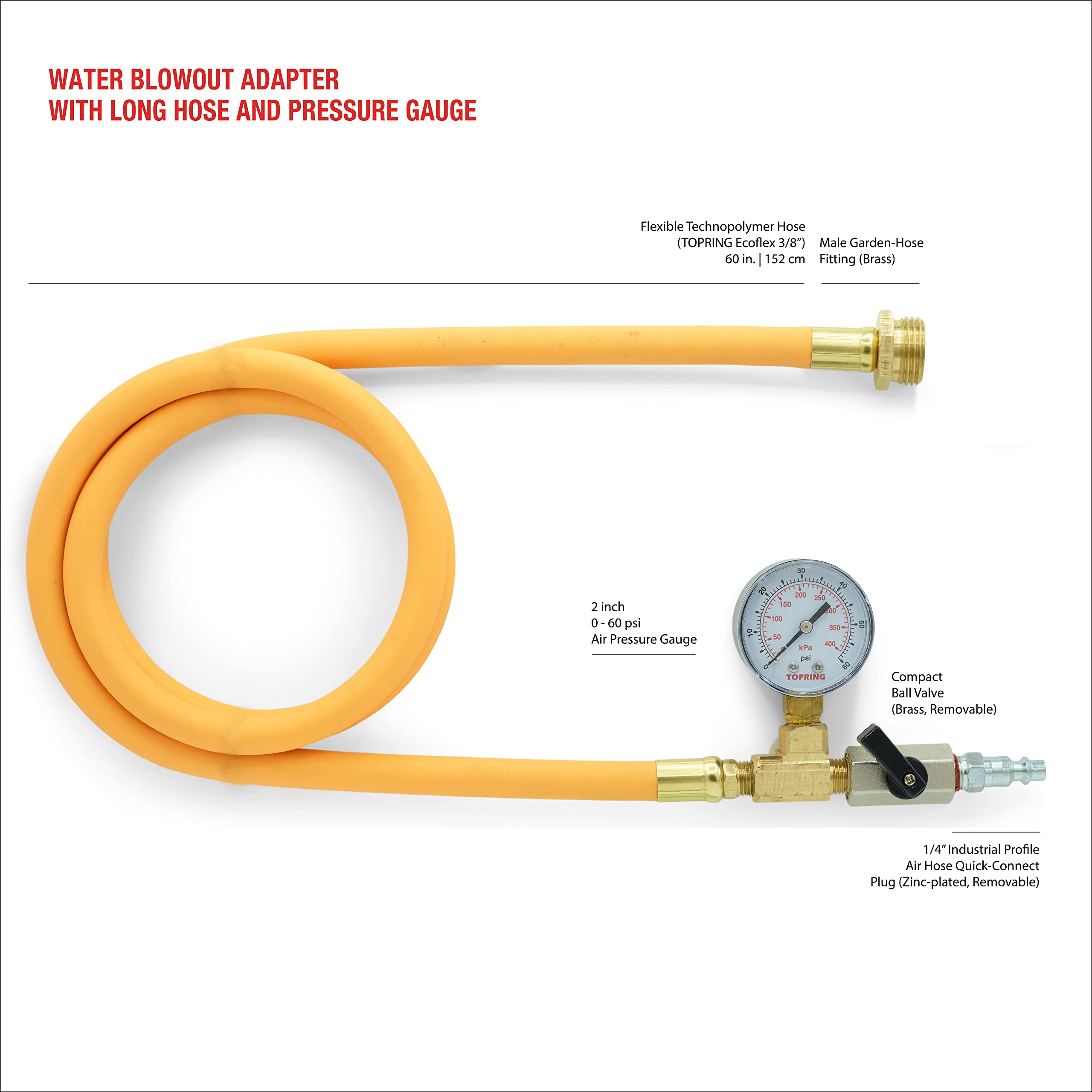 TOPRING Long Hose Air Compressor Water Blow Out Adapter with Integrated Pressure Gauge - RV Winterizing Kit with Male GHT Connector (Yellow) | Perfect for RV Water System Winterization & Compressed Air Applications