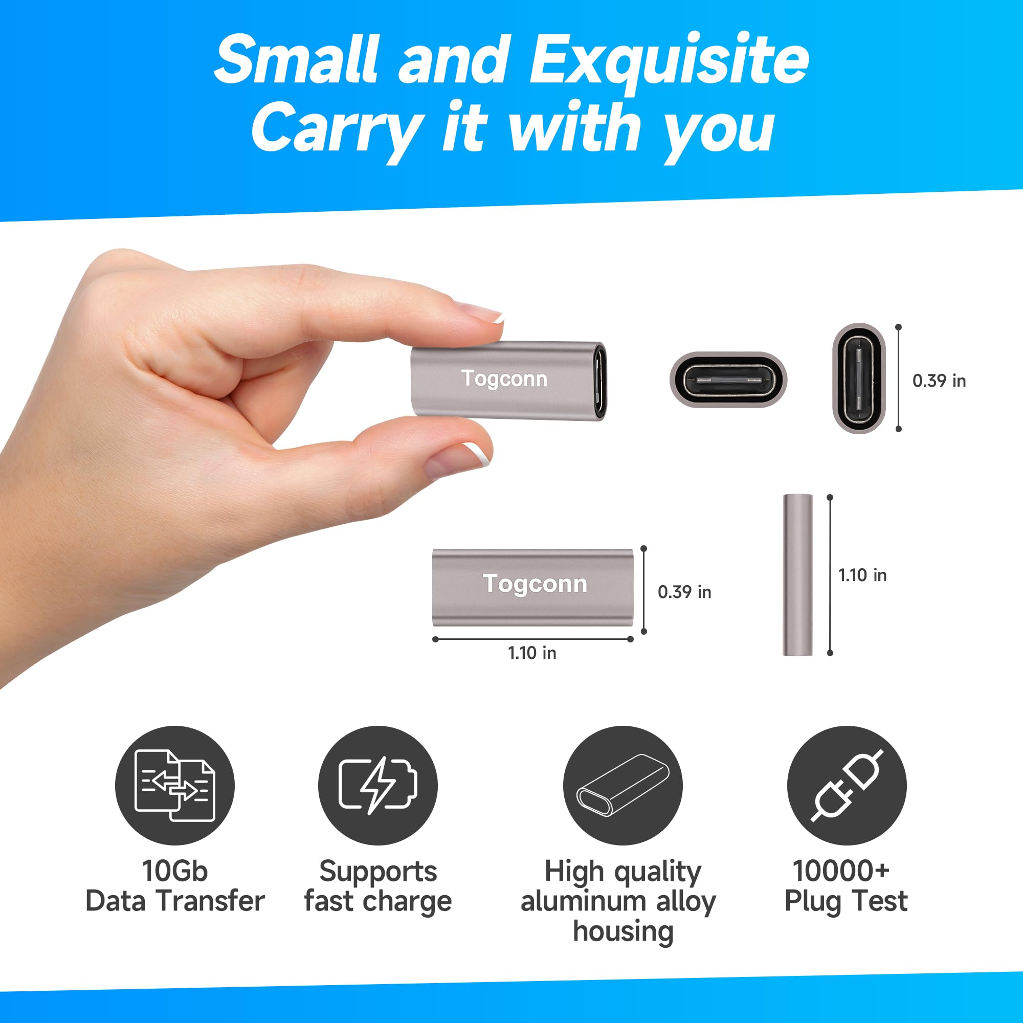 Togconn USB C Female to Female Coupler 4 Pack - USB Type C Extension Adapter for Fast Charging & 10Gbps Data Transfer - Compatible with Smartphones, Laptops & Tablets