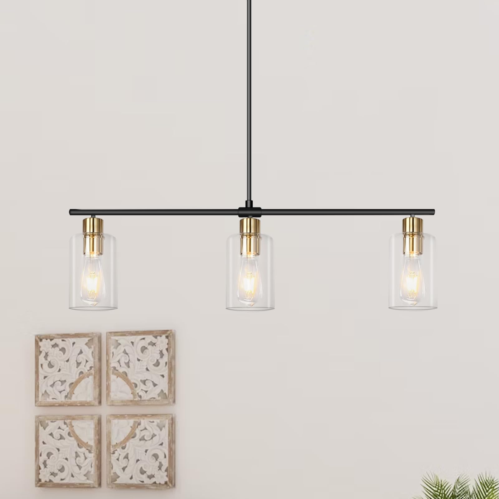 3-Light Farmhouse Chandelier - Black & Gold Linear Kitchen Island Lighting with Glass Shades | Modern Industrial Pendant Light for Dining Room & Breakfast Nook
