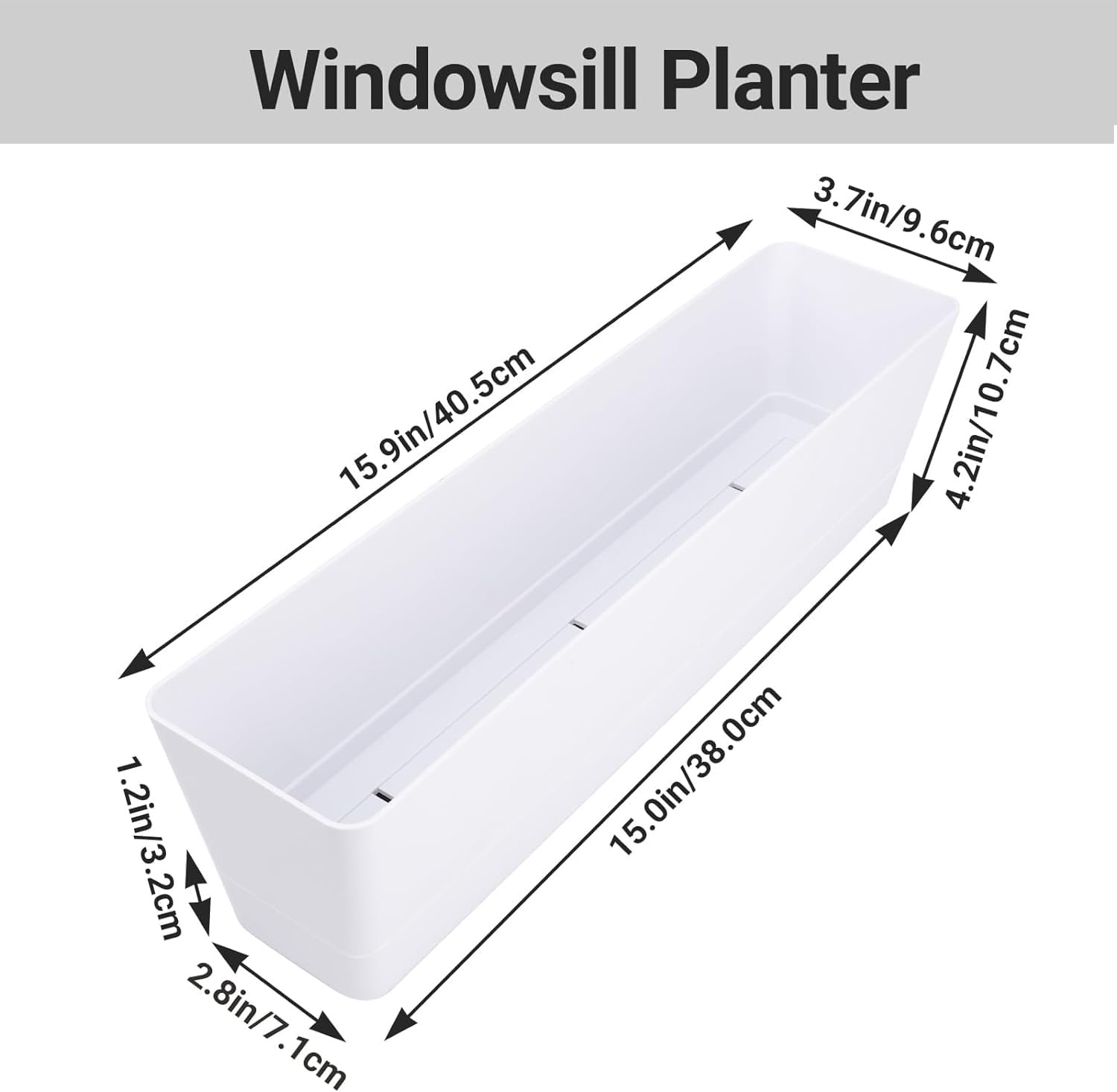 GREANER 6 Pack 16x3.8 Inch White Plastic Window Box Planters with Drainage Trays - Indoor Outdoor Flower Pots for Succulents, Cactus, Vegetables - Perfect for Balcony, Office, Garden, Windowsill Decor & Planting