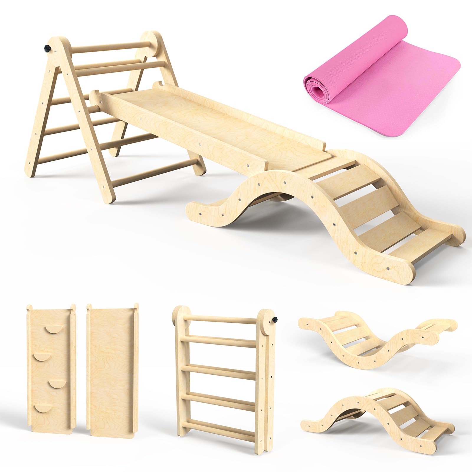 7-in-1 Foldable Wooden Pikler Triangle Climbing Set for Toddlers 1-3 Years - Indoor Jungle Gym with Arch, Ramp, Ladder & Play Mat - Perfect for Montessori Learning, Gross Motor Skills Development & Safe Home Play