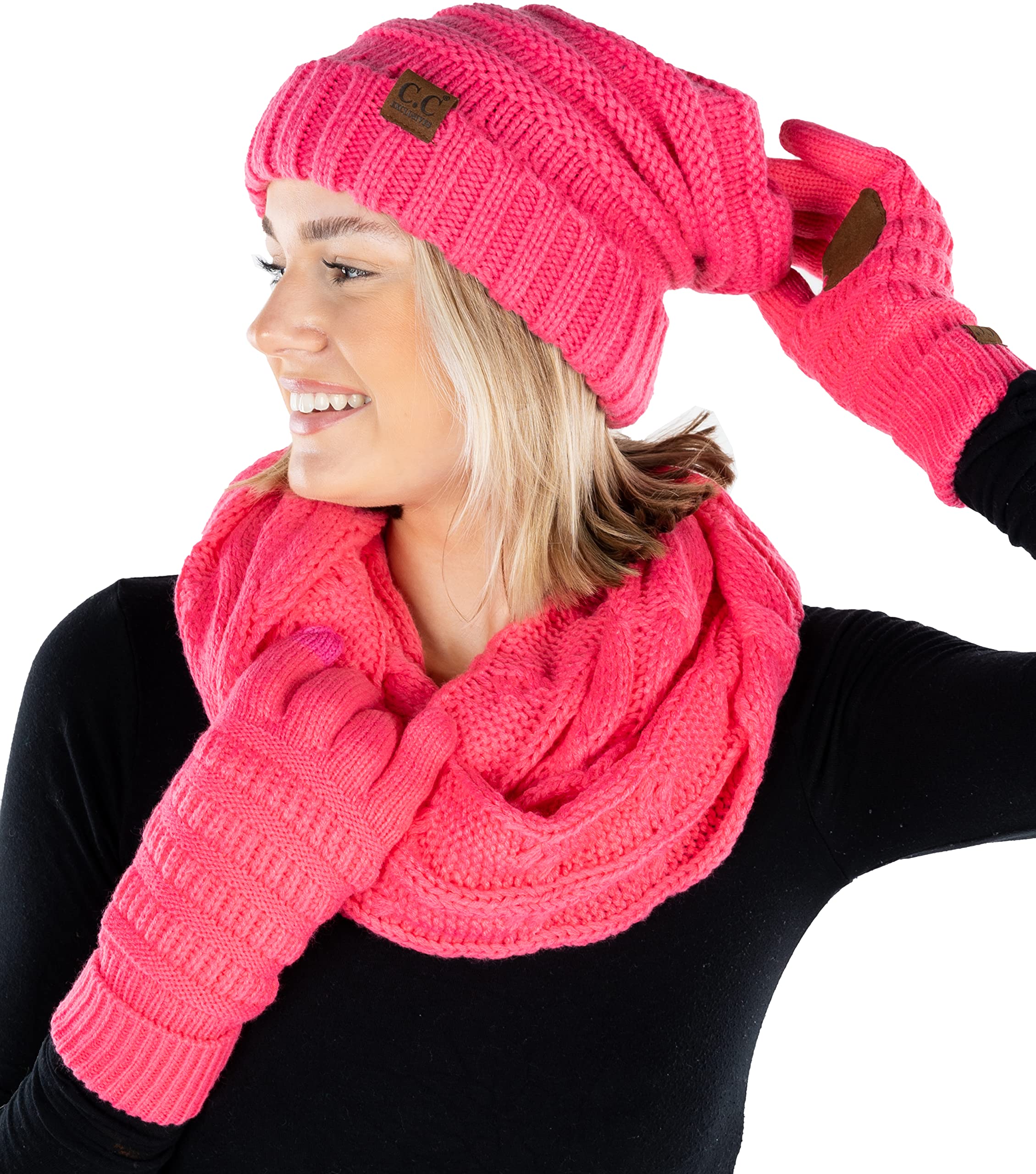 Funky Junque Oversized Beanie, Gloves & Scarf Set in Candy Pink - Winter Knit Hat, Warm Scarf & Cozy Gloves Bundle for Women - Perfect for Snowboarding, Skiing & Cold Weather Fashion