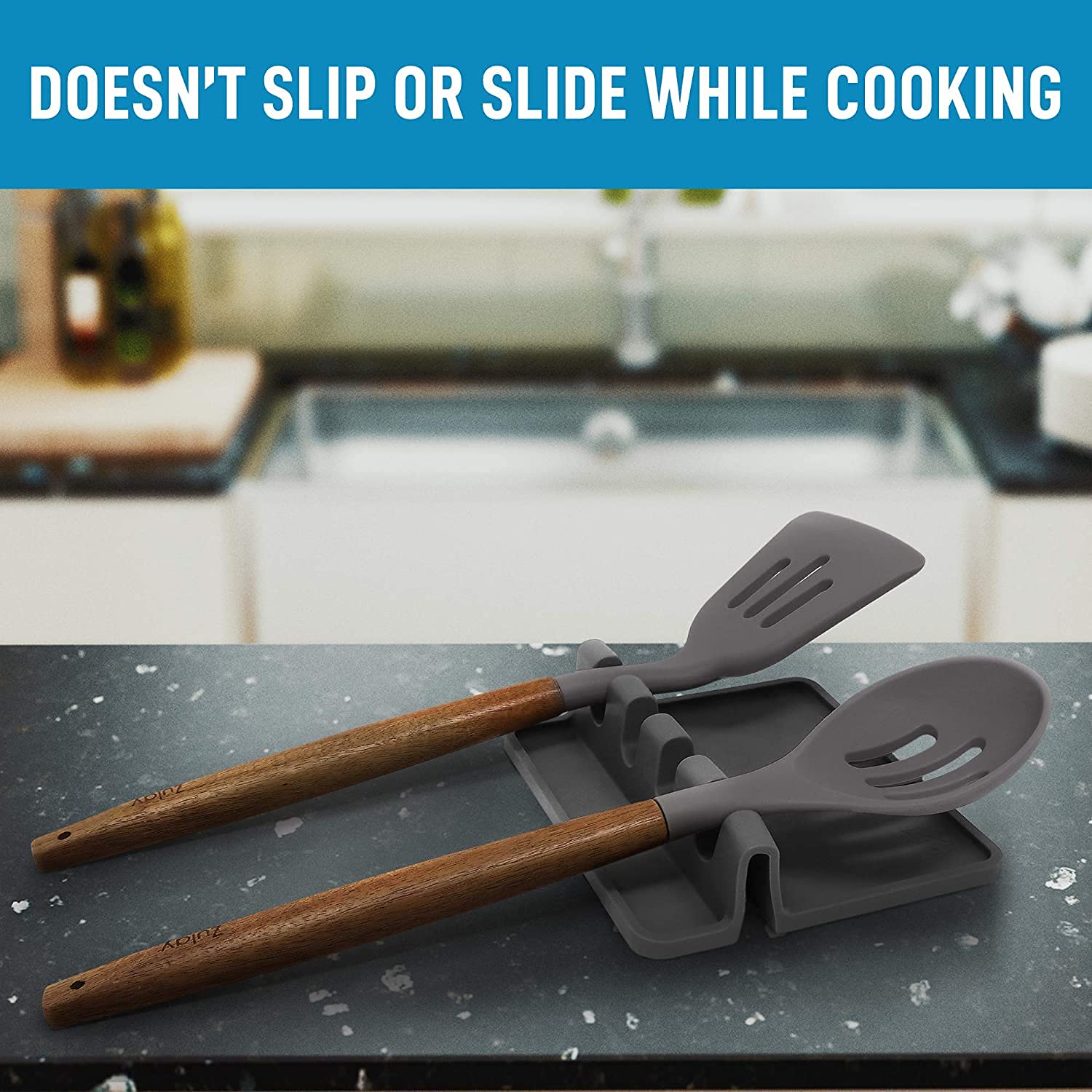 Zollyss Silicone Utensil Rest with Drip Pad - Heat-Resistant, BPA-Free Spoon Holder for Stove Top - Fits Spoons, Ladles, Tongs & Kitchen Tools - Perfect for Cooking, Serving & Keeping Countertops Clean