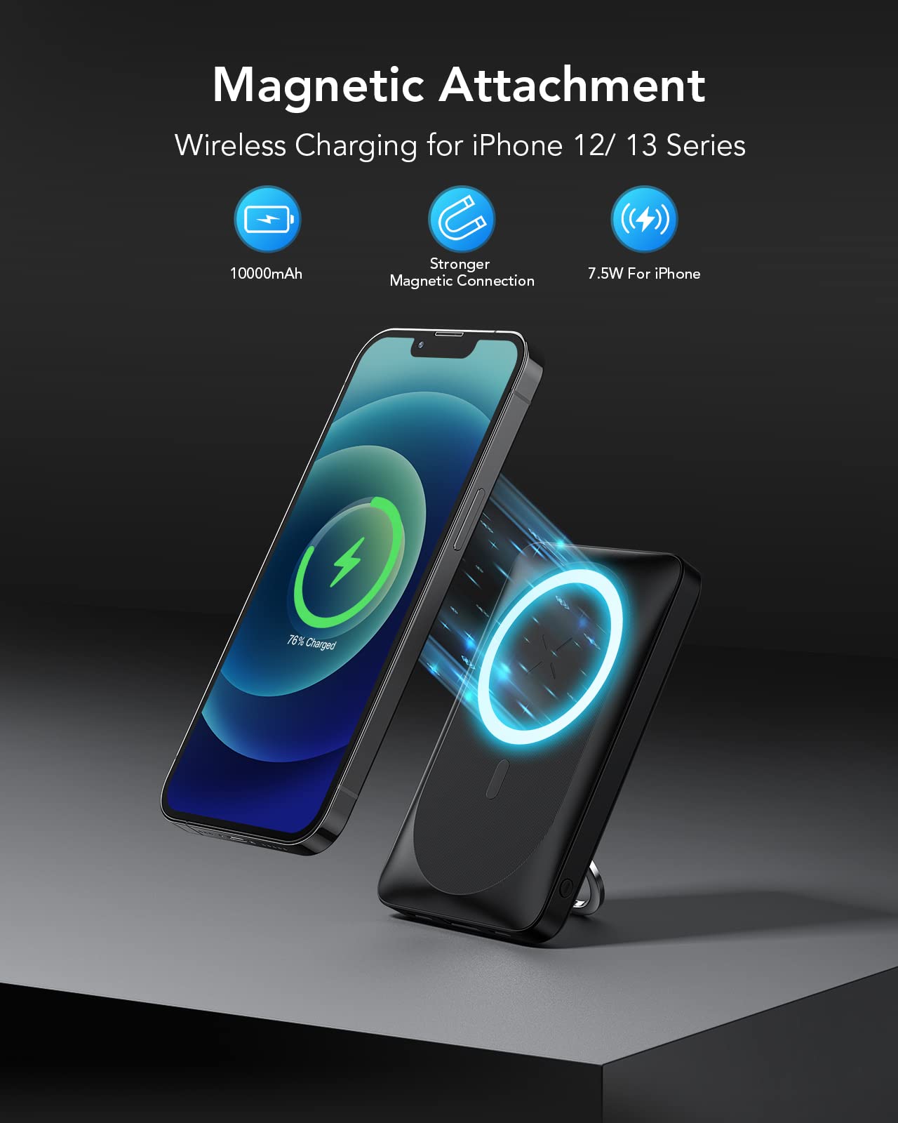 VRURC 10000mAh Magnetic Wireless Portable Charger - PD 20W Fast Charging Power Bank with USB-C & Finger Holder for iPhone 15/14/13/12 Pro/Pro Max/Plus/Mini - Perfect for Travel, Work & Outdoor Activities (Black)