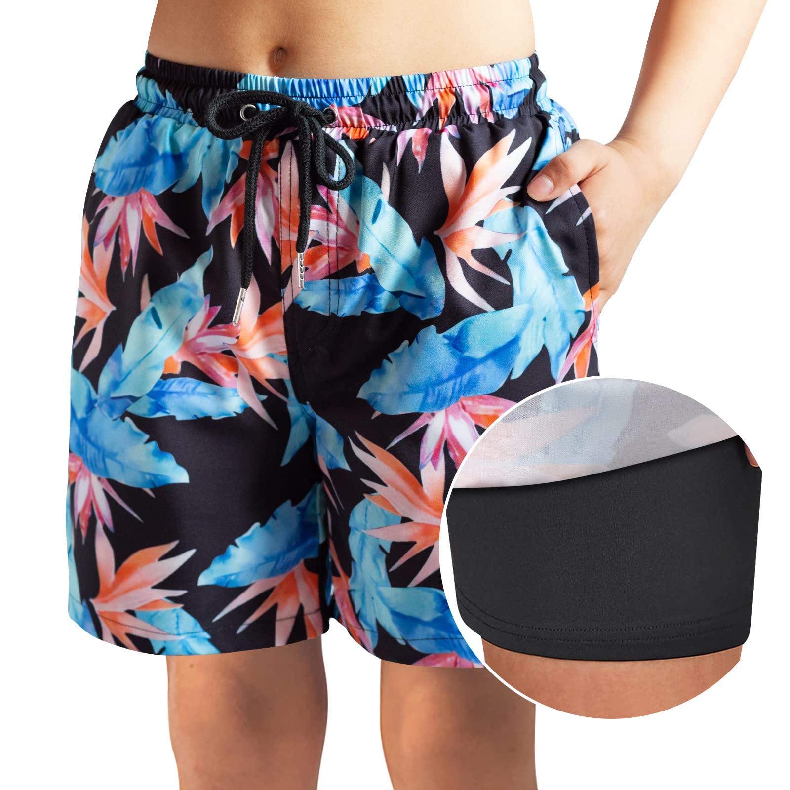**Boys Quick Dry Swim Trunks with Boxer Brief Liner - UPF 50+ Sun Protection, Comfortable Bathing Suit for Beach, Pool & Water Sports**