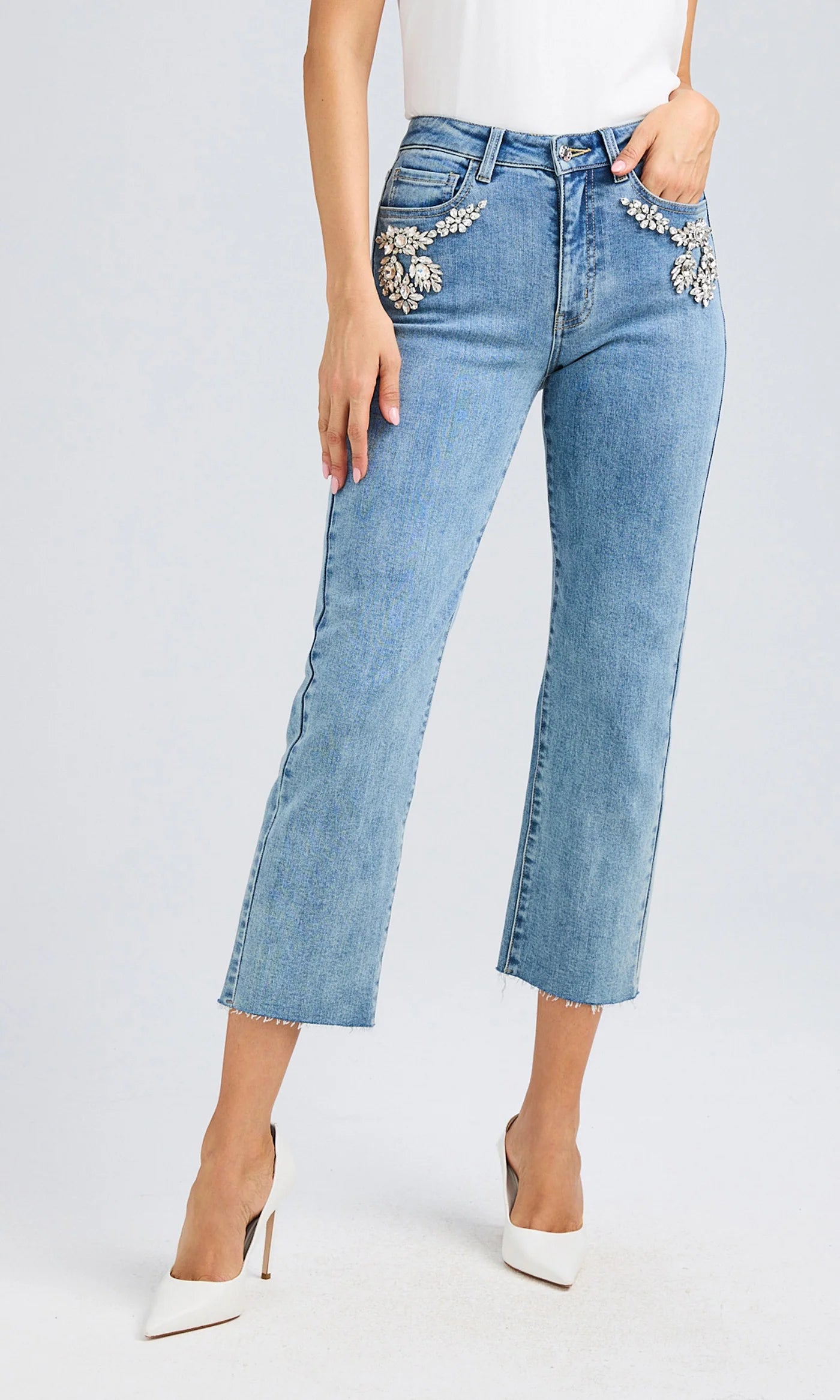 Carolyn Crystal Denim Jeans in Bahama Blue - Stylish Women's Distressed Skinny Jeans for Casual Wear & Night Out