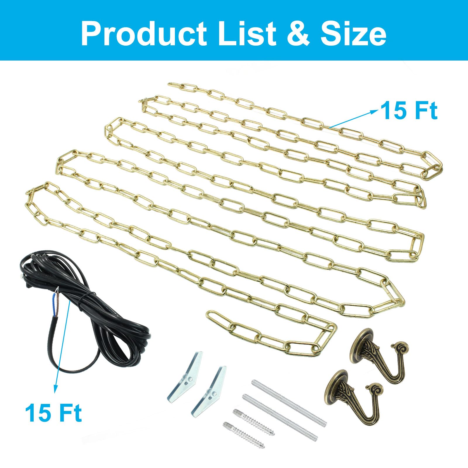 15 Ft Swag Light Kit with Chandelier Chain, Light Cord, Switch & 2 Hooks - Bronze Hanging Lamp Kit for Pendant, Ceiling & Fan Lights | Perfect for Bedroom, Living Room & Dining Room Lighting