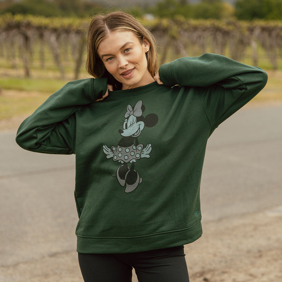 Disney Minnie Mouse Green Crewneck Sweatshirt for Women - Soft Cotton Pullover for Casual Wear, Disneyland Trips & Gift Giving