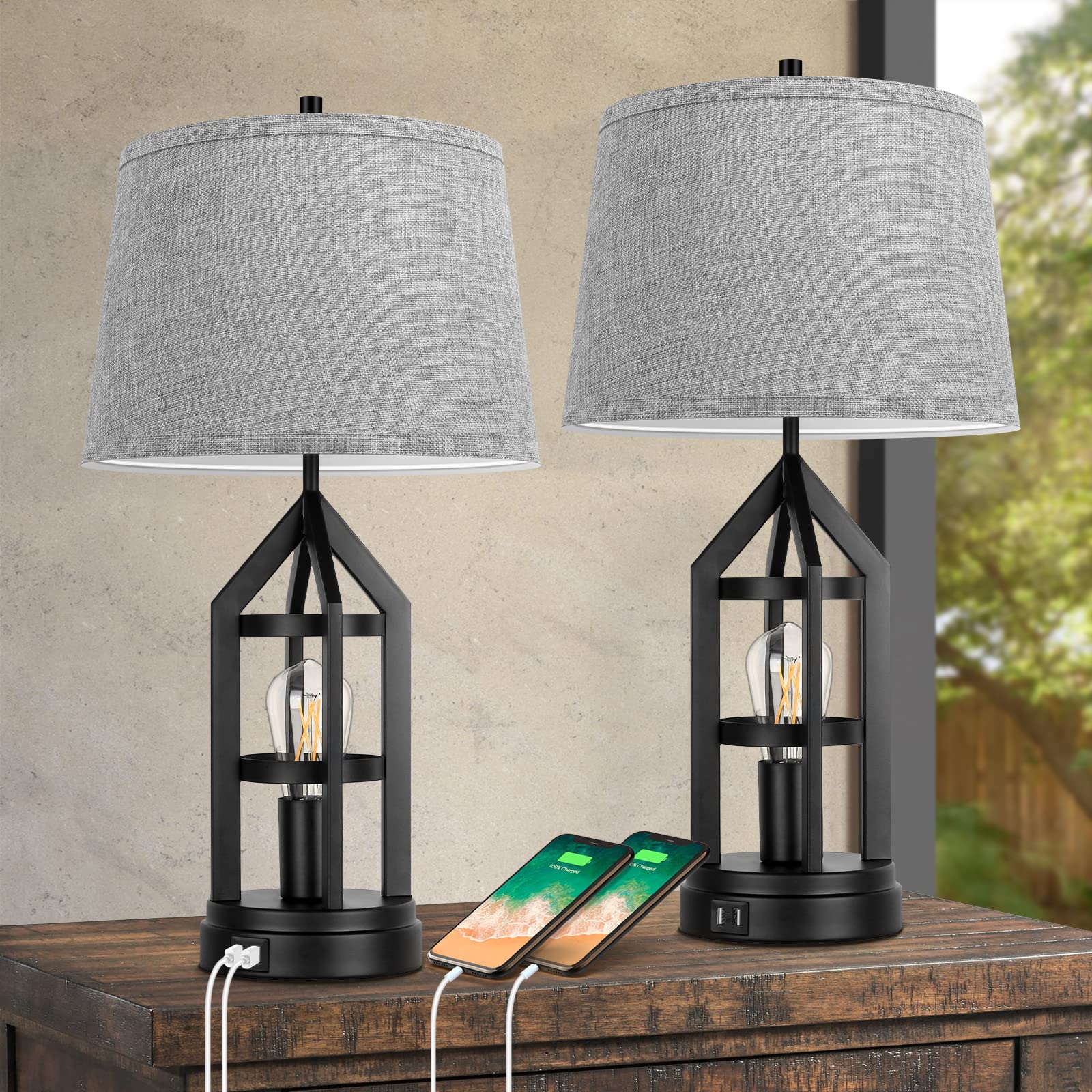 BesLowe 2-Pack Farmhouse Table Lamps - Rustic Grey 3-Way Dimmable Touch Bedside Lamps with 2 USB Ports & LED Bulbs Included - Perfect for Bedroom Nightstands and Living Room End Tables | Cozy Reading & Ambient Lighting