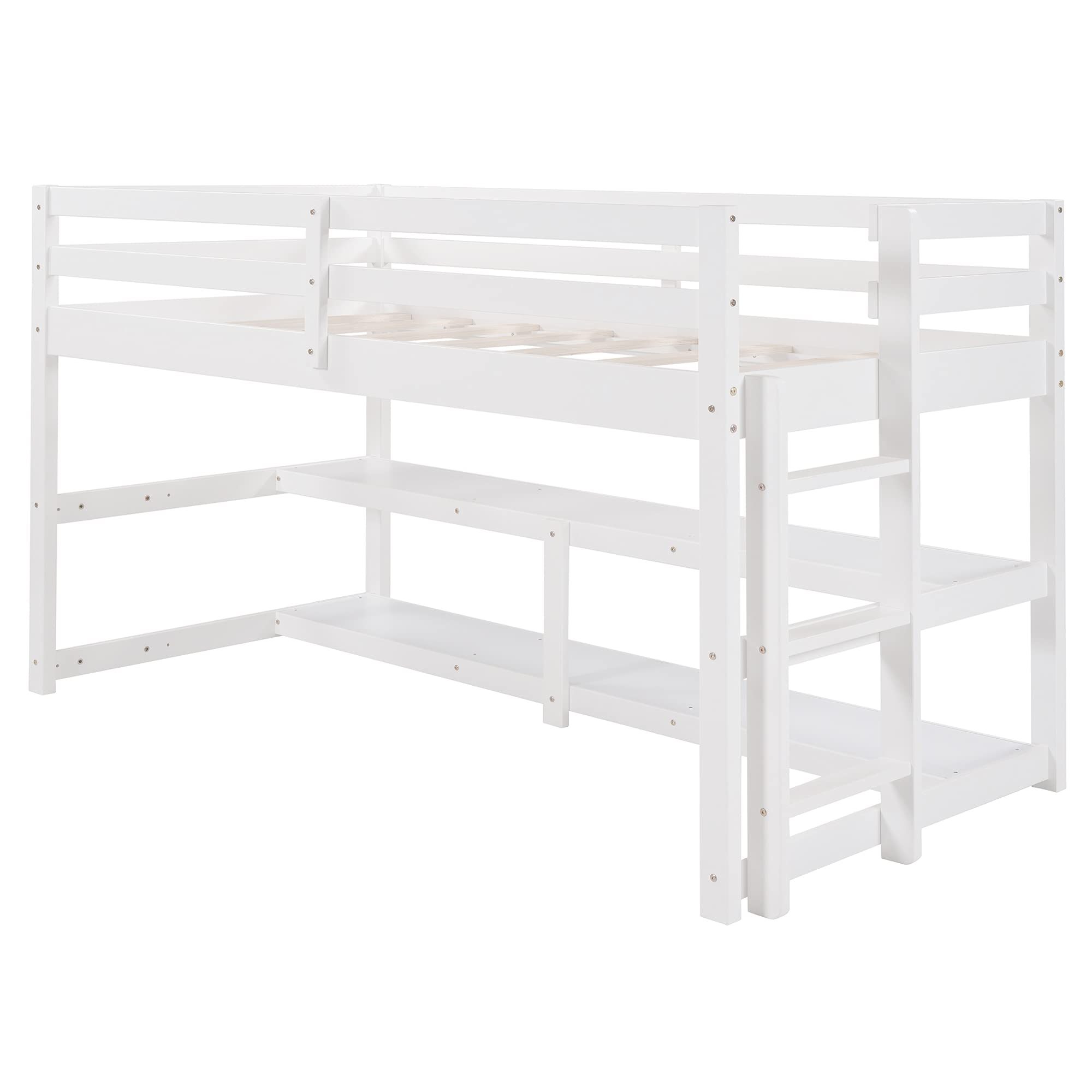 **LZ LEISURE ZONE Twin Size Wood Loft Bed with Shelves – Sturdy Low Loft Bed Frame for Kids & Teens – No Box Spring Needed – Perfect for Small Spaces & Dorm Rooms (White, Twin Loft)**