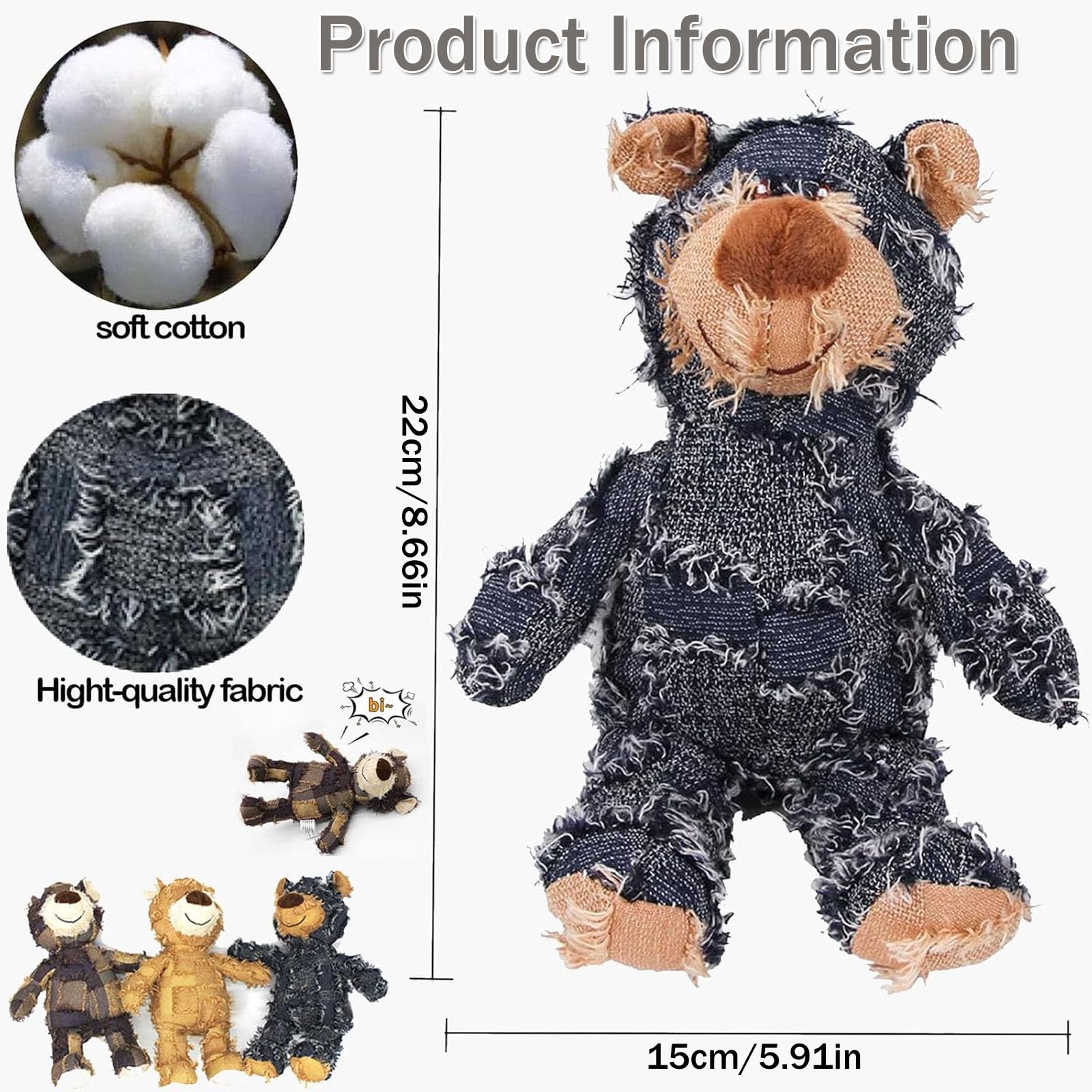 2024 Indestructible Heavy Duty Squeaky Dog Toy - Unbreakable Plush Bear Chew Toy for Aggressive Chewers, Durable Puppy Teething Toy for Large & Small Dogs - Perfect for Playtime, Training & Anxiety Relief (Navy Blue)