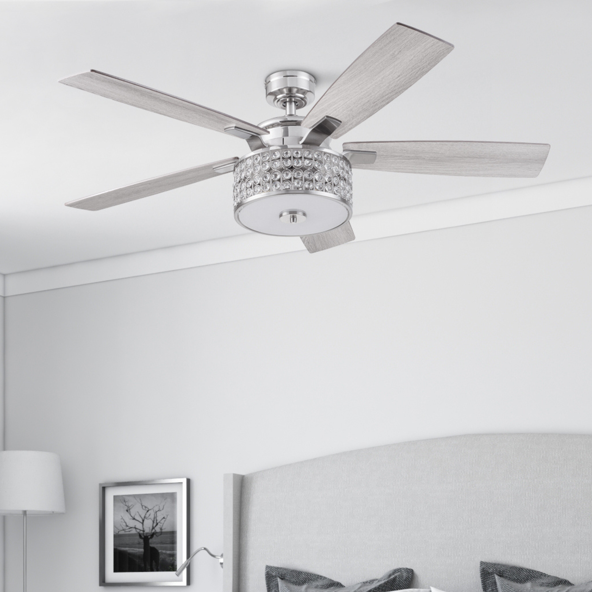 52 Inch Lanissa Crystal Glass Chandelier with Remote Control - Brushed Nickel Finish, Quick Attach™ Ceiling Fan Kit for Living Room, Dining Room & Bedroom Lighting