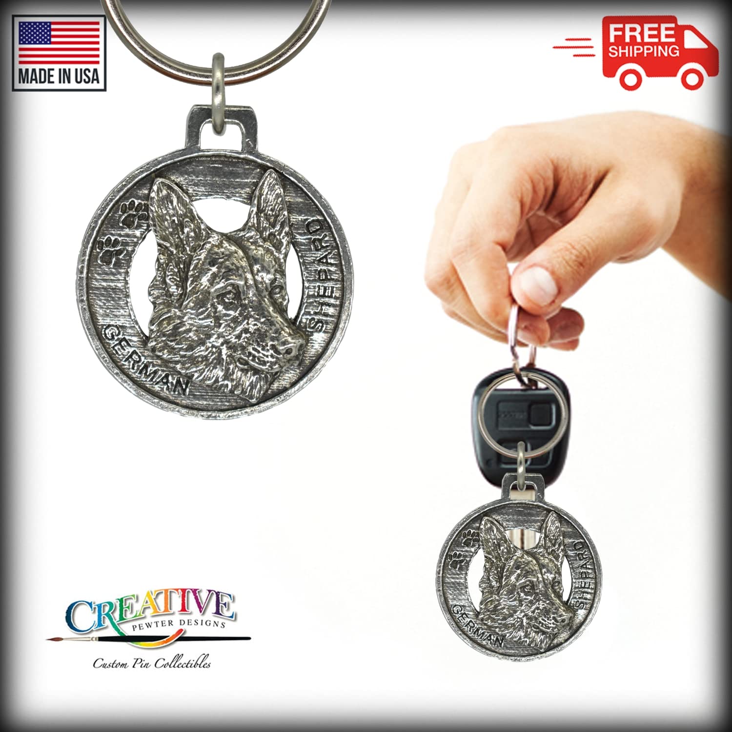 German Shepherd Keychain - Handmade Pewter Dog Tag Key Ring | USA Made Pet Gift for Dog Lovers | Perfect for Keys, Backpacks & Gifts (1.5 Inch)