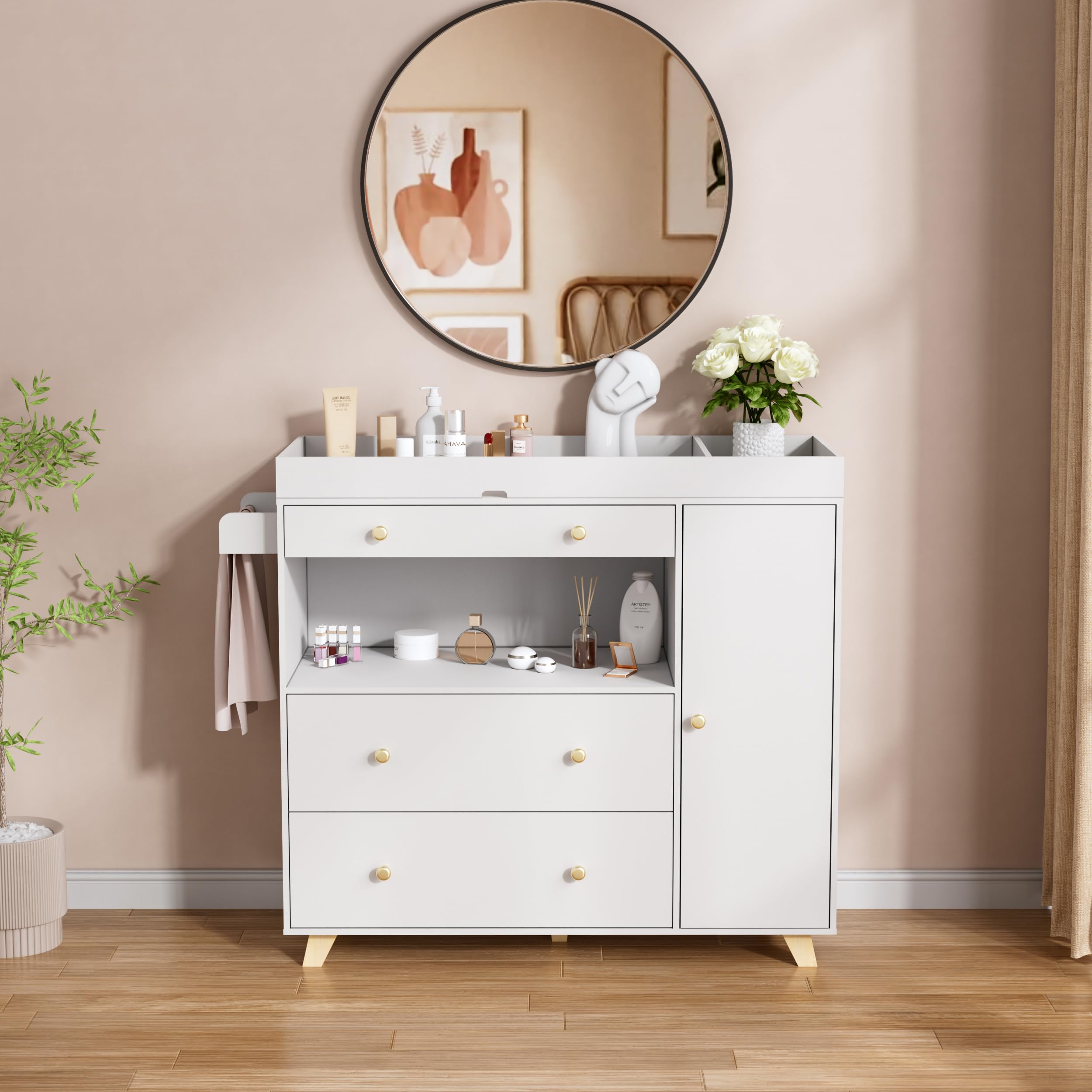 Modern White Changing Table Dresser with 3 Drawers & Wide Table Top - Nursery Baby Diaper Station, Perfect for Newborn Care & Toddler Organization