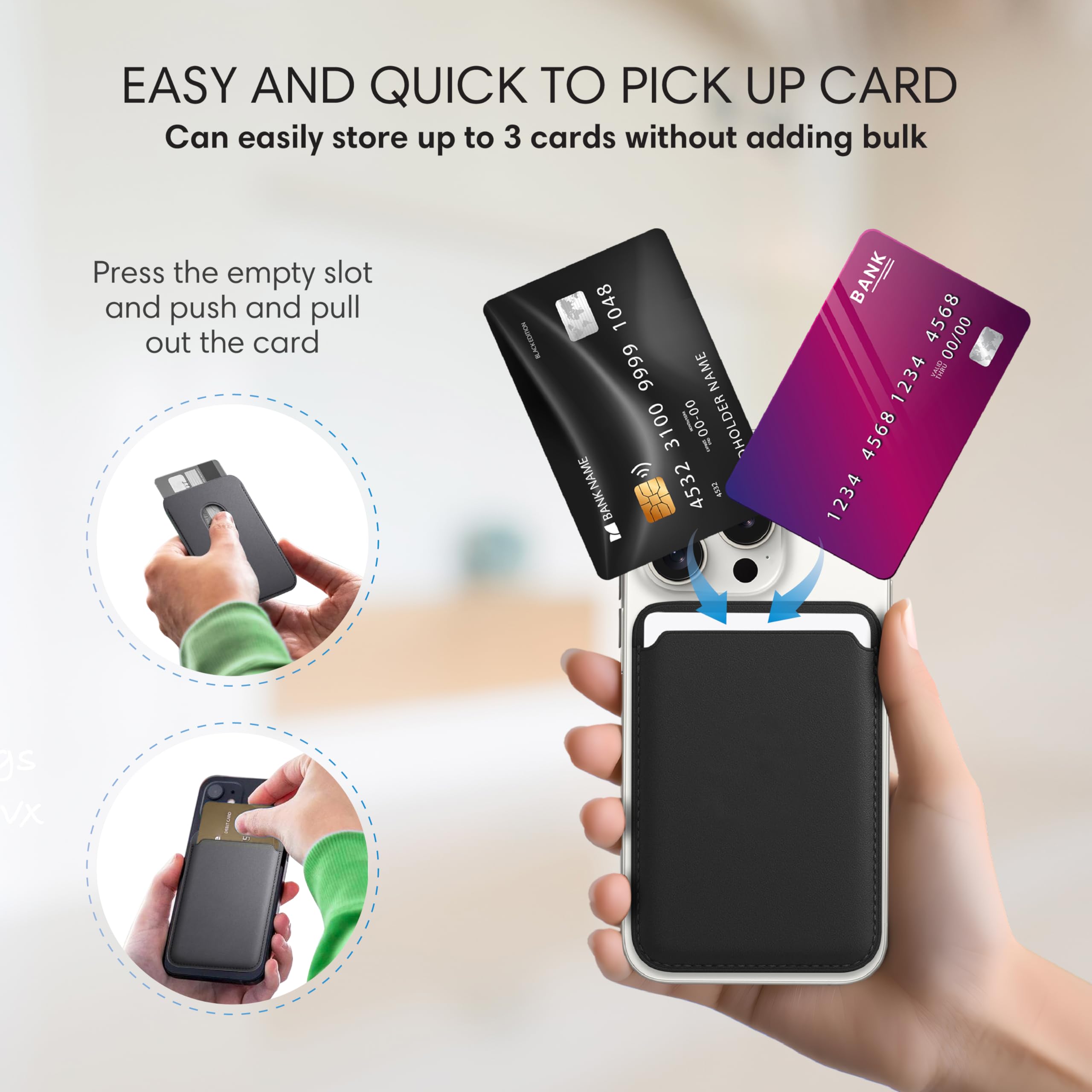 Premium Vegan Leather Magnetic Card Wallet - Slim 3-Card Holder with MagSafe for iPhone 16/15/14/13/12 Pro Max & Plus Series (Black) | Secure RFID Protection, Ideal for Travel, Work & Everyday Carry