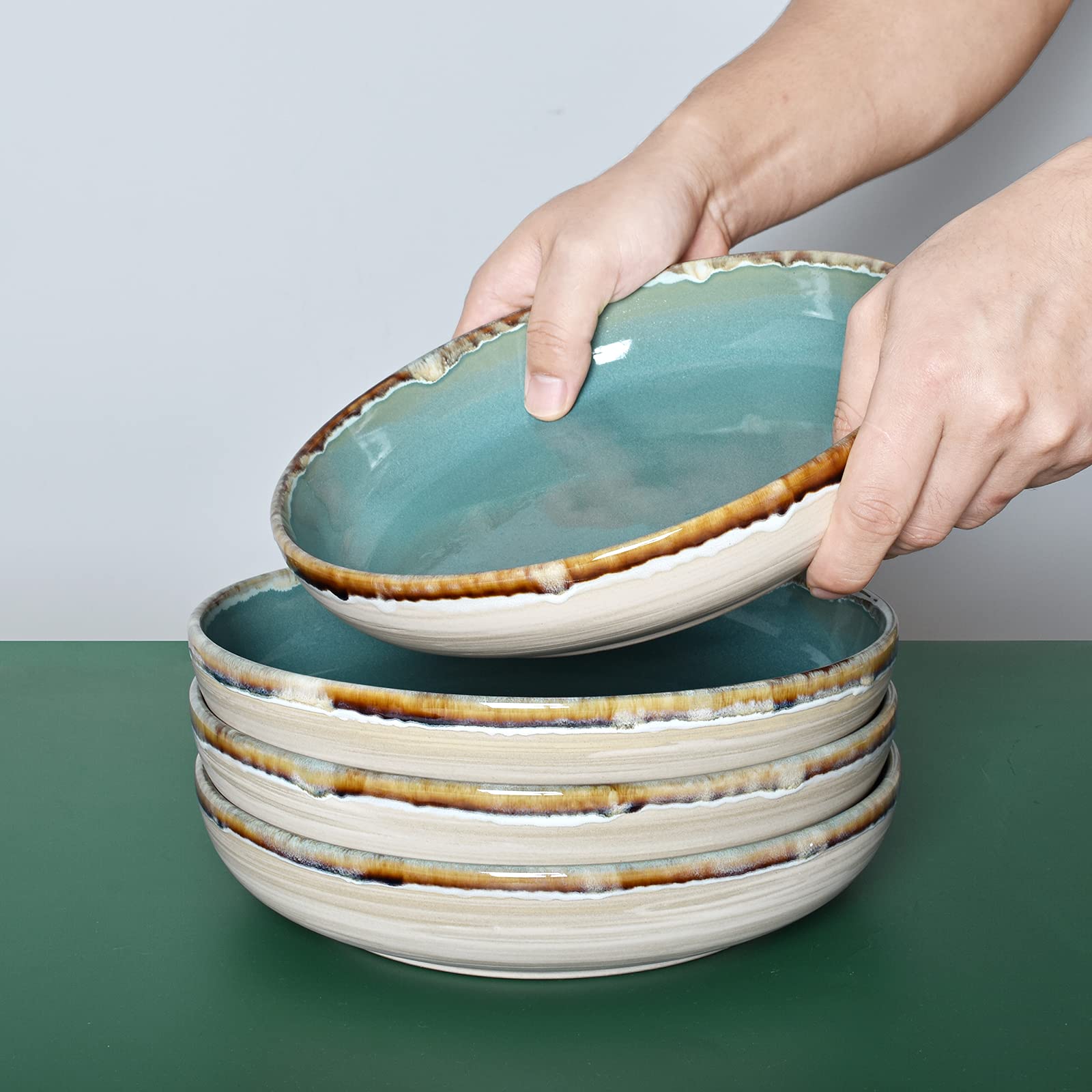 Bosmarlin 40oz Stoneware Pasta Bowls Set of 4 - Large Microwave & Dishwasher Safe Salad Bowls for Pasta, Soup, Cereal - Turquoise Green 9.3 Inch Serving Dishes for Family Dinners & Entertaining