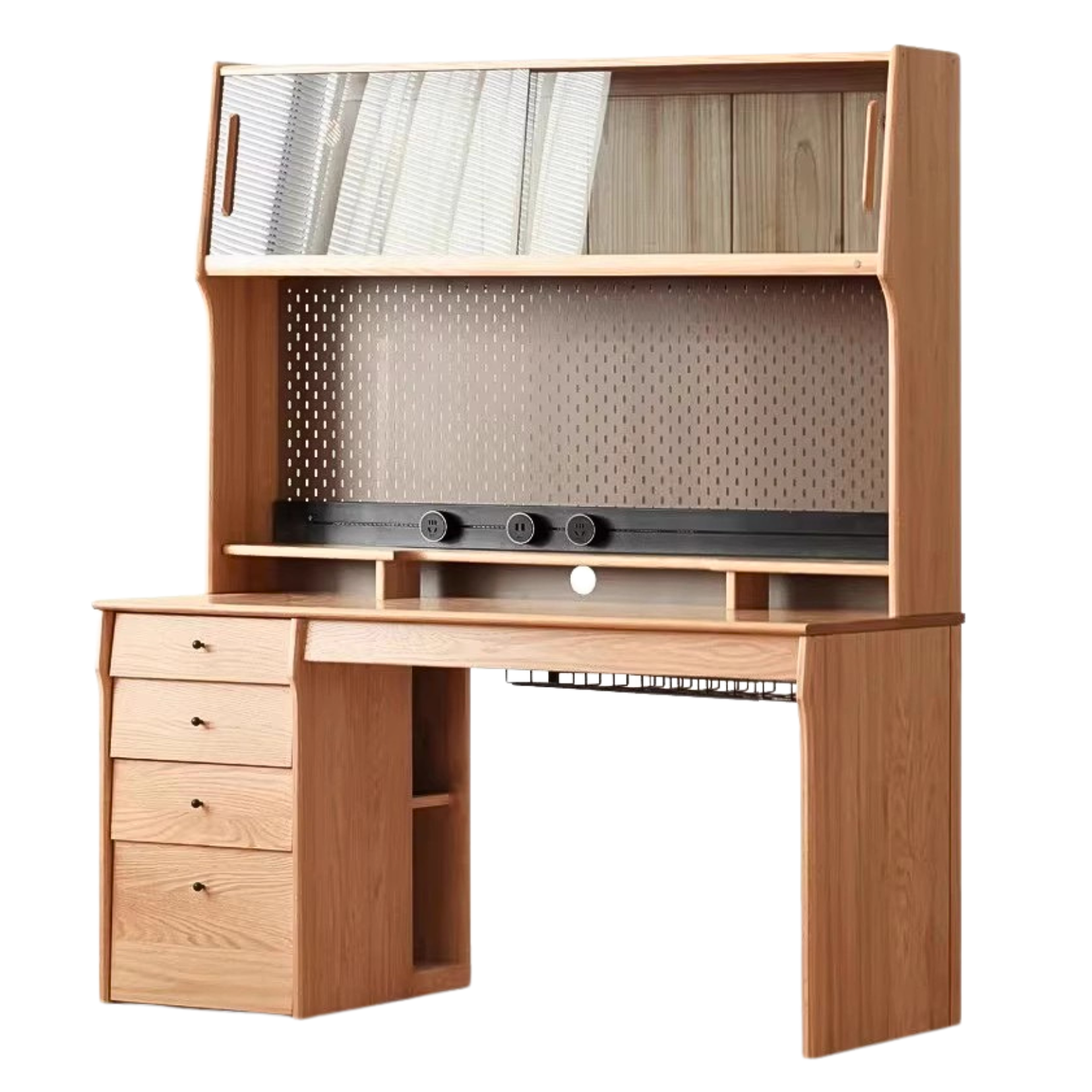 Solid Oak & Cherry Wood Desk Bookshelf with Warm LED Lighting - Perfect for Home Office, Study Room, and Library Organization