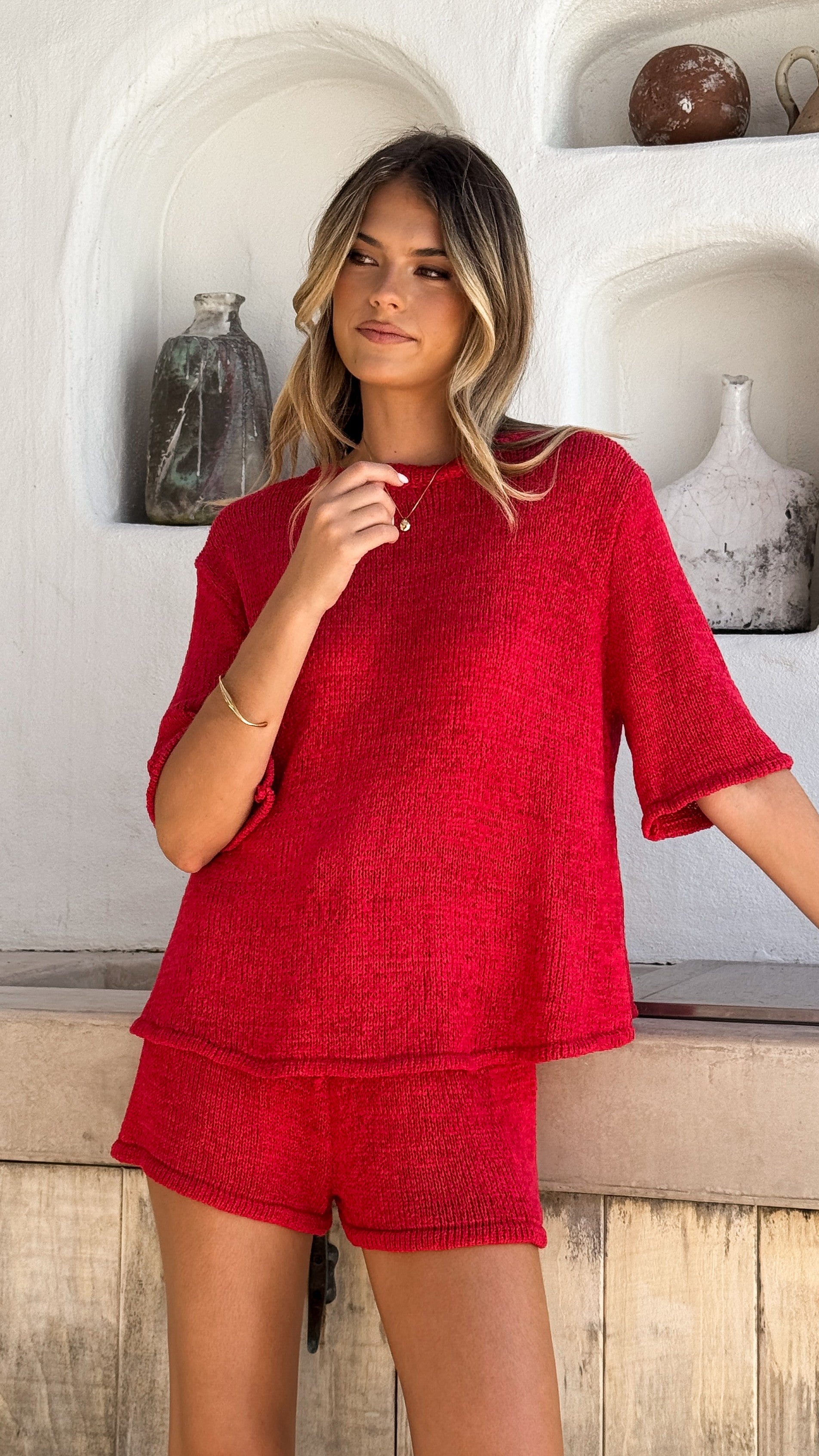 Habiba Women's Red Knit T-Shirt and Shorts Set - Casual Summer Outfit for Beach, Travel, and Lounge Wear