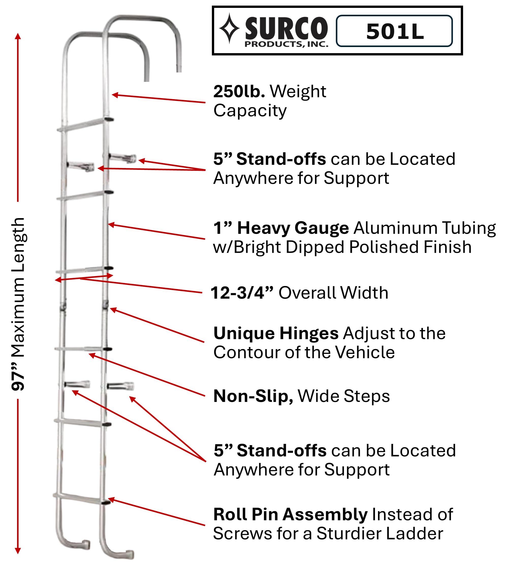 Universal 501L RV Motorhome Hinged Aluminum Exterior Ladder - Fits All RV Models & Makes | Brite Dipped Polished Finish | Perfect for RV Roof Access & Maintenance
