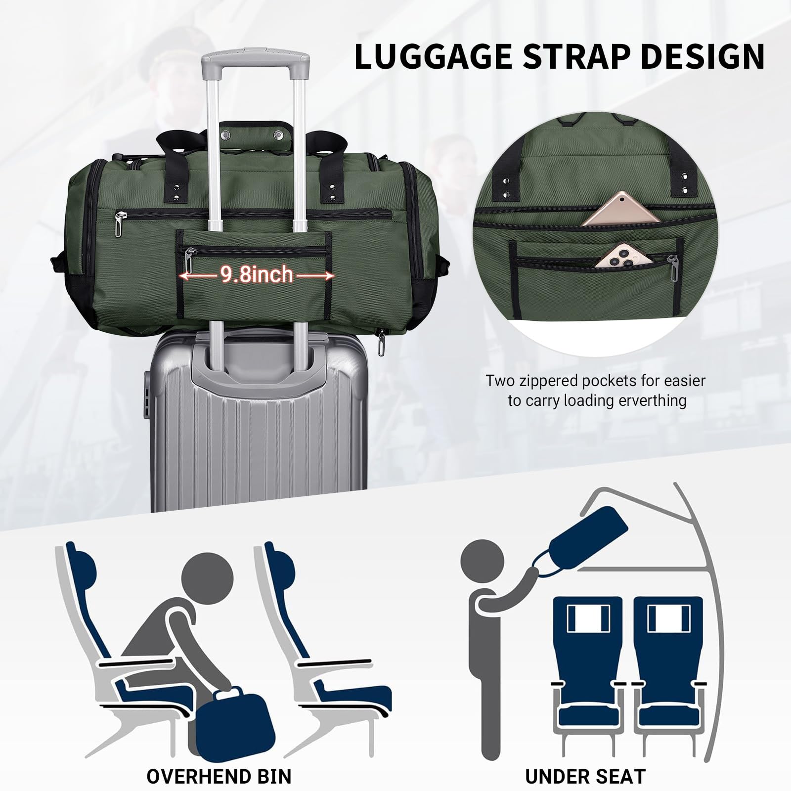 WITZMAN Men's Large Travel Duffel Bag - 3-in-1 Carry On Weekender Overnight Bag with Shoe Compartment (Army Green B693) | Perfect for Gym, Business Trips & Weekend Getaways