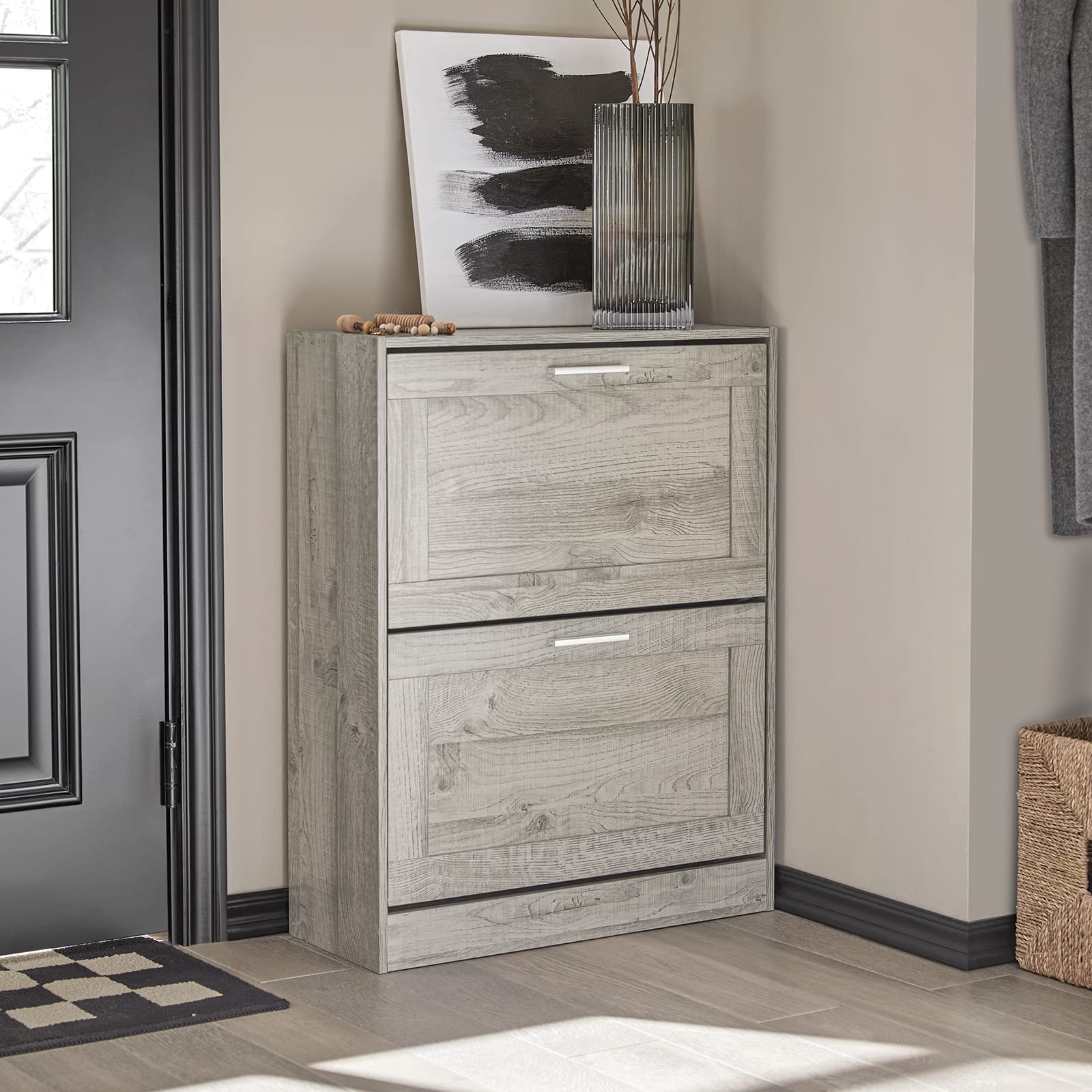 Haotian Slim Shoe Cabinet - Space Saving Entryway Shoe Rack Organizer with 4 Tiers, Grey (FSR137-HG) - Perfect for Small Apartments, Hallways & Closet Storage Solutions