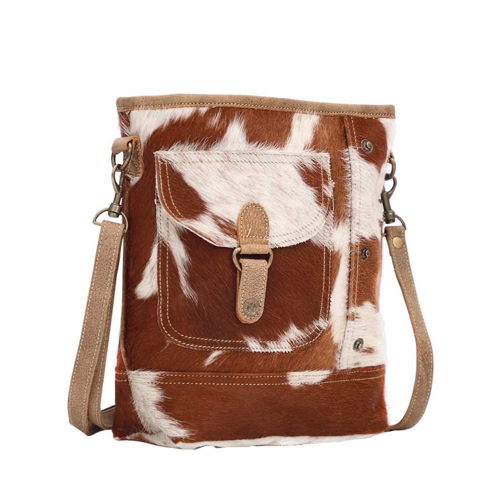 Myra Bag Nut Brown Upcycled Canvas & Cowhide Shoulder Bag S-1463 - Eco-Friendly Vegan Leather Crossbody Purse for Women, Perfect for Work, Travel & Everyday Use