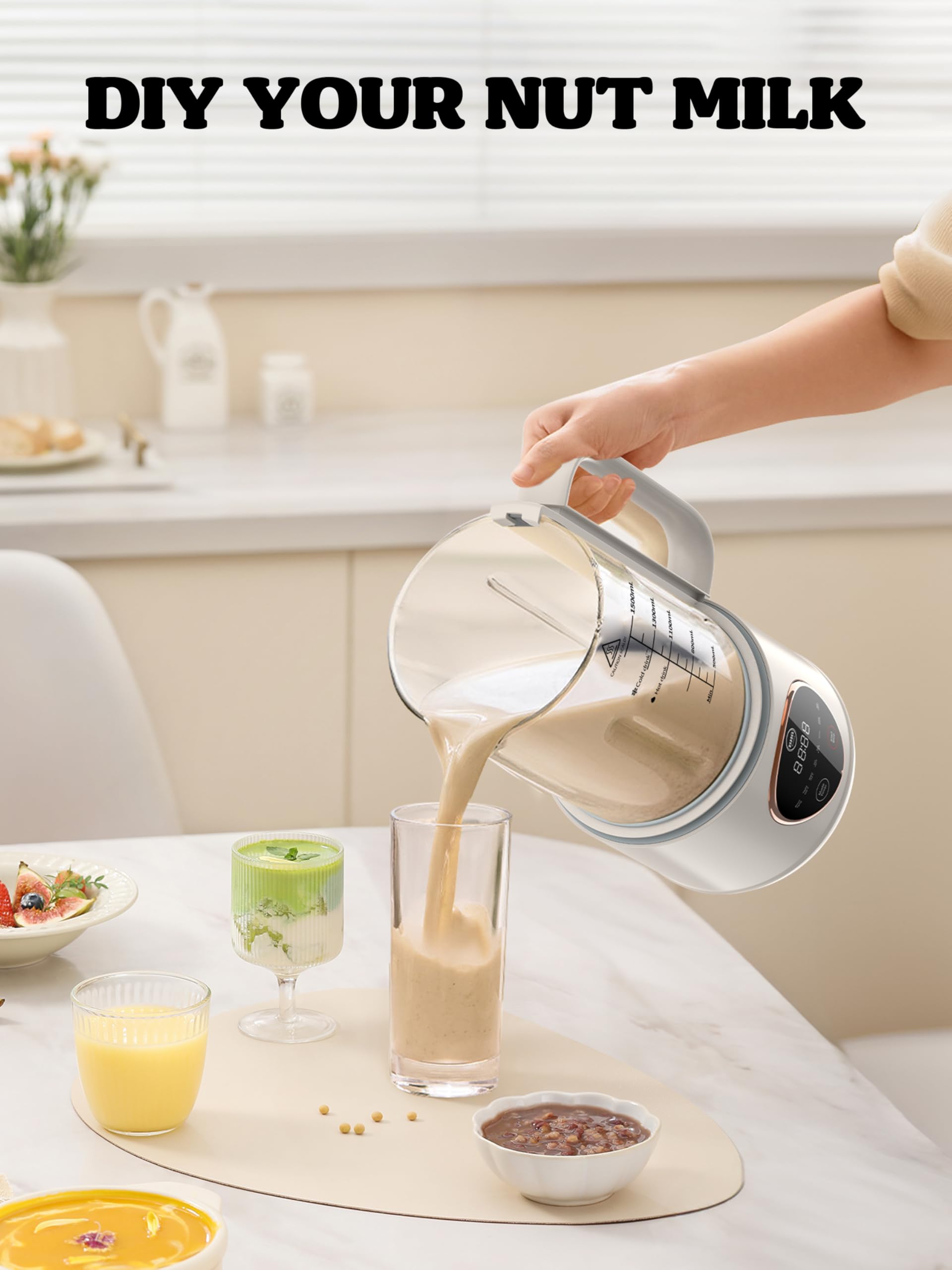 45oz Nut Milk Maker - 10-in-1 Homemade Plant-Based Milk Machine for Almond, Soy, Oat & Coconut Milk | Multifunctional with 12-Hour Timer, Auto-Clean, Keep Warm & Boil Functions | Perfect for Vegan, Keto & Dairy-Free Lifestyles | Kitchen & Breakfast Essential